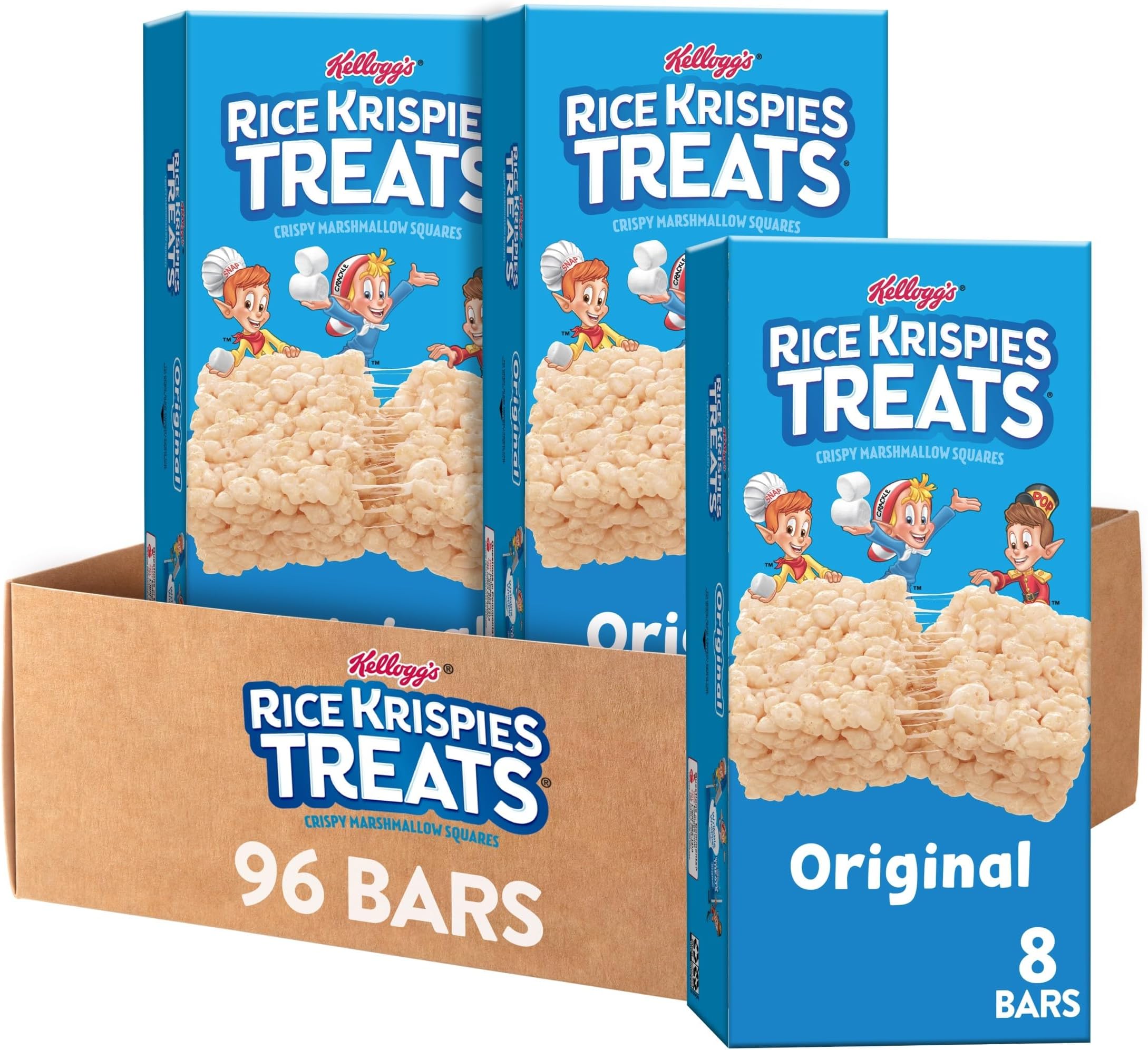 Rice Krispies Treats Crispy Marshmallow Squares, Kids Snacks, Cereal Bars, Original, (12 Boxes, 96 Bars)