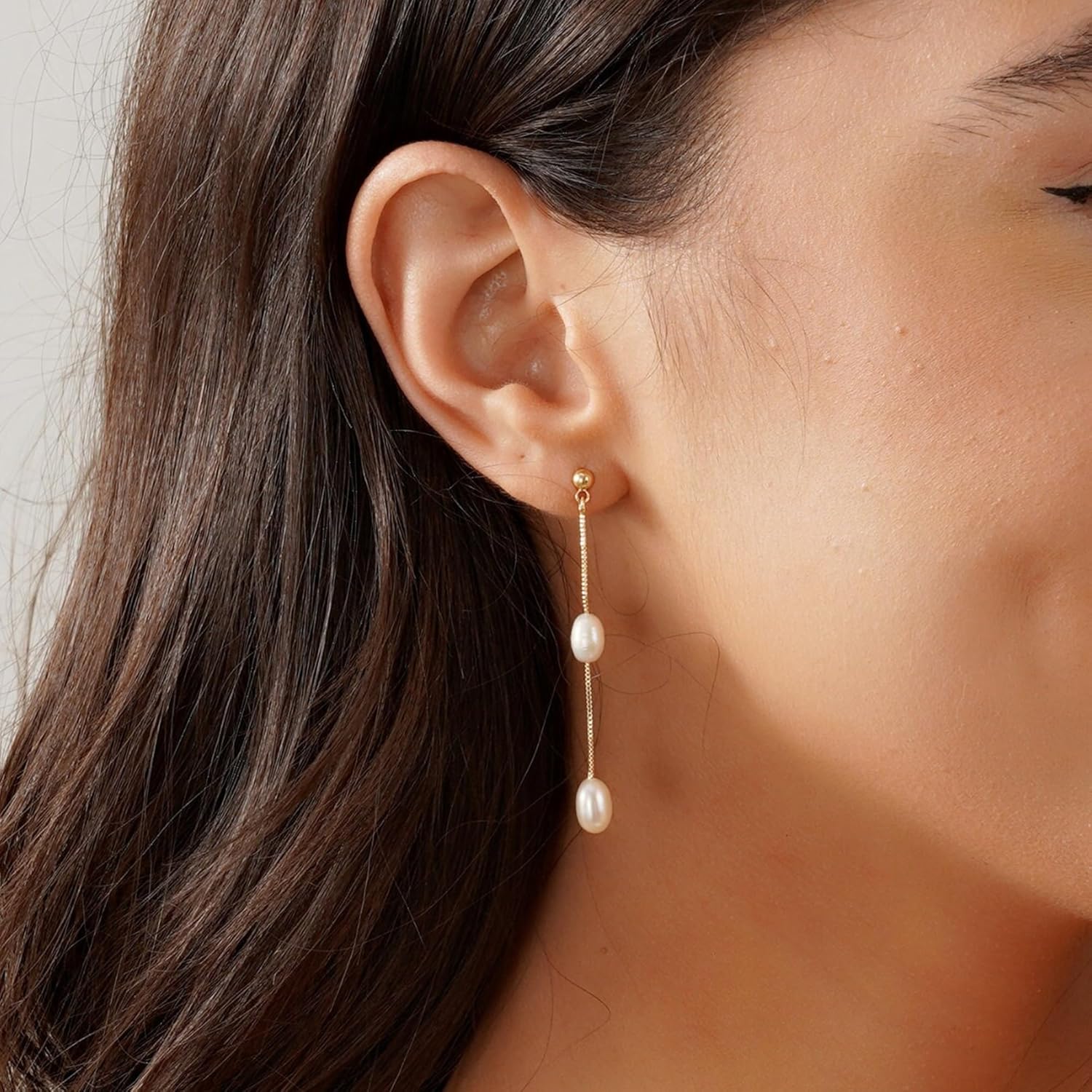 Gold Pearl Drop Stud Earrings for Women Hypoallergenic, 14k Gold Plated Pearl Dangly Earrings Dangling Dainty Gold Cute Pearl Dangle Studs Earrings for Women Jewelry Non Tarnish - Image 2