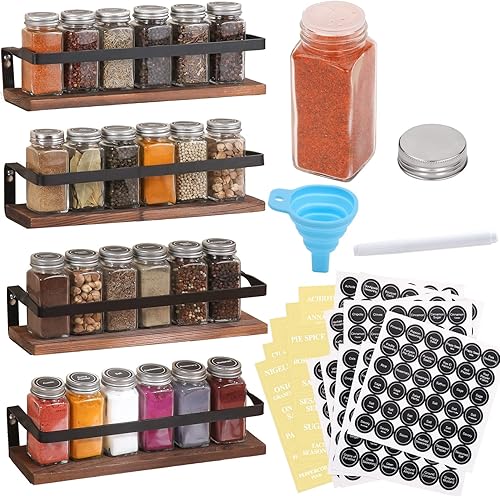 Miniatura 1 de Aozita Paquete de 4 especias con tarros 25 tarros de especias de vidrio estante colgante para especias para gabinete estantes flotantes de madera