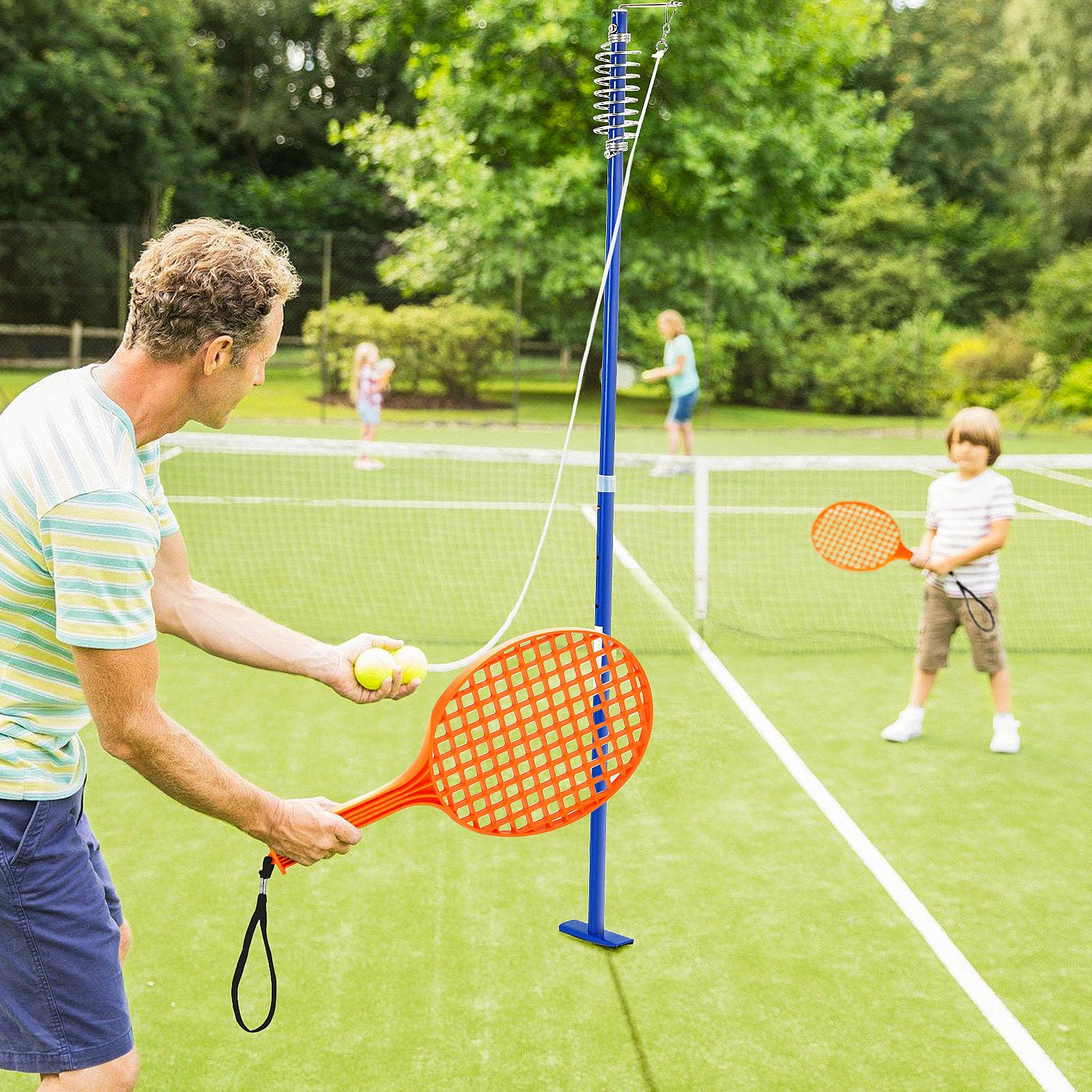 GYMAX 3-stufig höhenverstellbares Tetherball Set, Twistball Set mit 1 Tennisball, 2 Schlägern & 121 cm Schnur, Twist Ball Set, Tennis Spiel für Kinder & Erwachsene