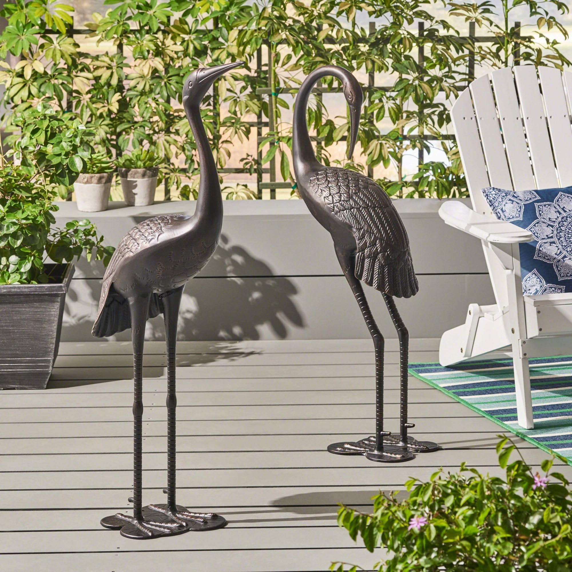Merax Rust-Proof Aluminum Crane Garden Statues (Set of 2) - Dark Bronze Outdoor Bird Decor, Handcrafted Metal Art for Patio, Yard, or Pond, No