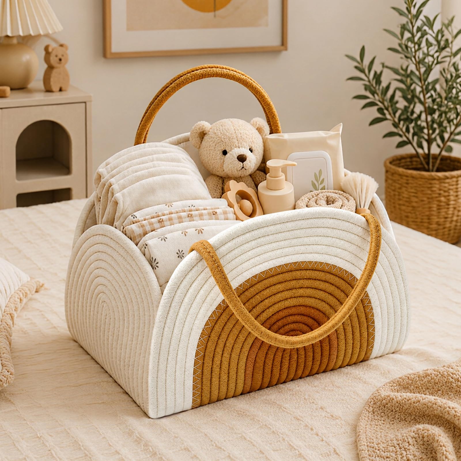 Cestino Porta Pannolini, Portatile Organizer Fasciatoio per Neonati con Divisorio Rimovibile e Manici, Organizer per Pannolini, Organizzatore per Pannolini per Regali Neonati, Bianco Marrone