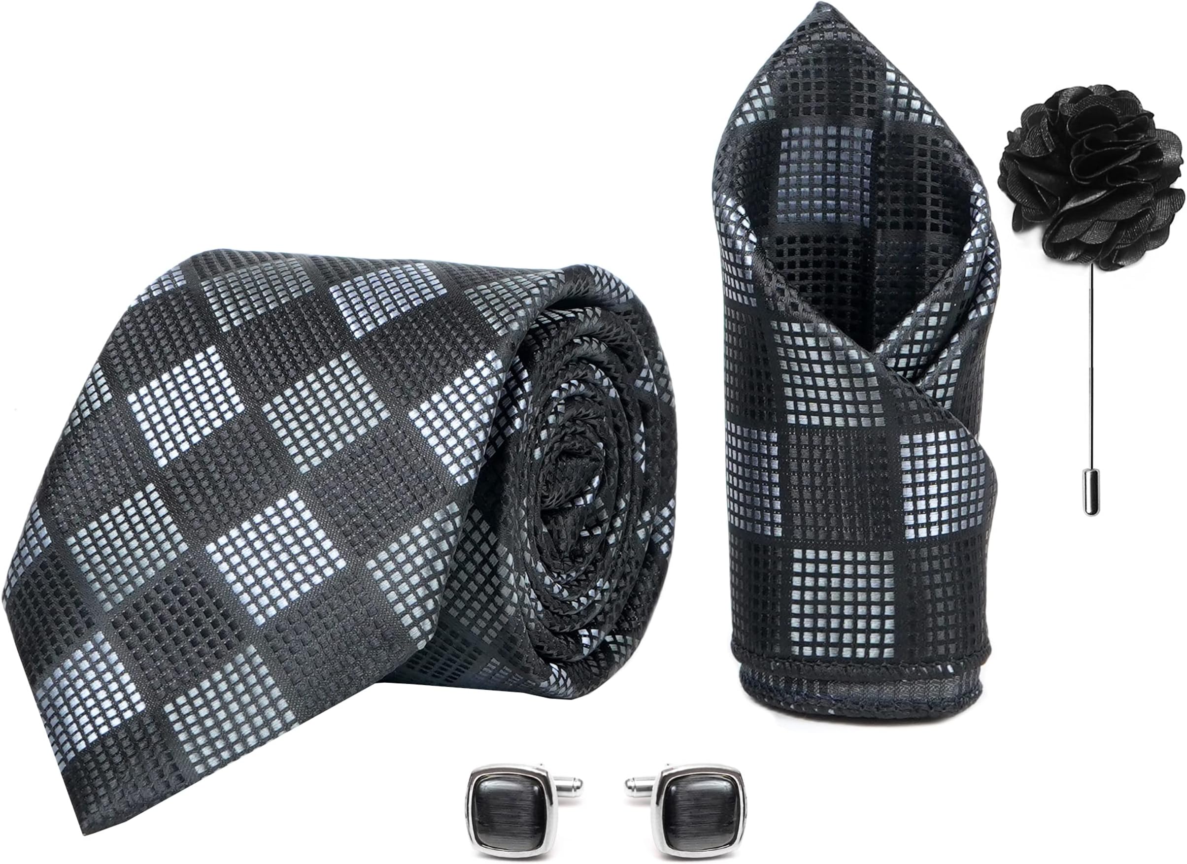 Tie for Men โ Paisley Silk Neck Ties Set with Cufflinks Flower Pin, Pocket Square & Black Gift Box, Combo Necktie Sets for Office Wear, Formal Suits & Weddings (Black, AX11_1)