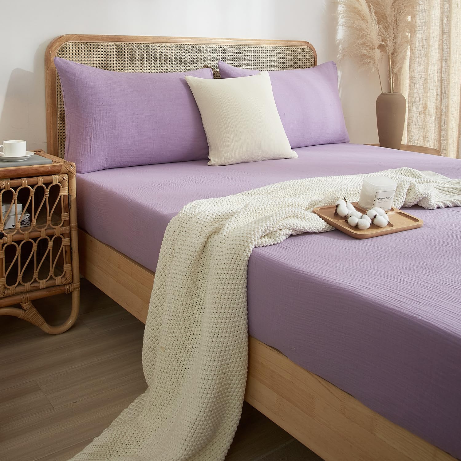 Lenzuolo con angoli in mussola di cotone 180x200cm, lenzuolo sotto con angoli, colore lilla, tinta unita, lenzuolo sotto in mussola di cotone per letto matrimoniale con materasso alto fino a 25