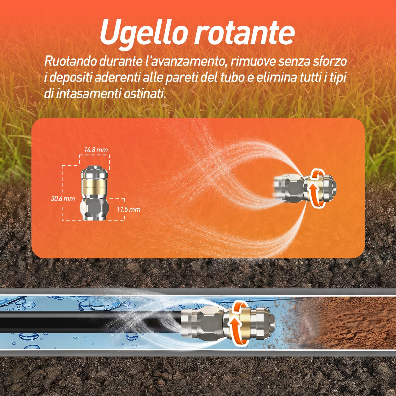 30M Sonda Sturatubi per Idropulitrice Lavor&Kärcher&Bosch AQT | Connessione da 1/8 di pollice Tubo per Idropulizia Fognature con Ugello Compatto e Rotante