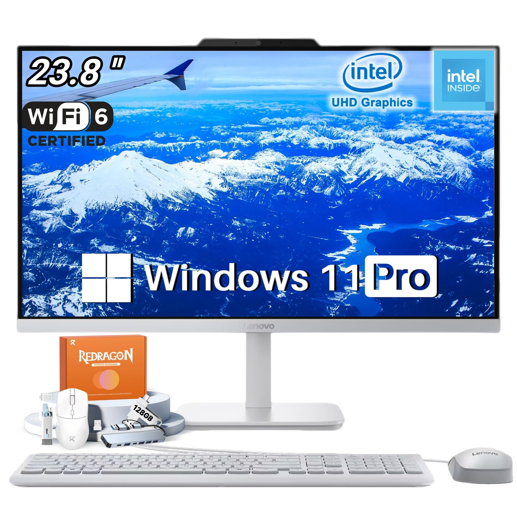 Lenovo A100 All in One Desktop Computer, 23.8" IPS FHD, Intel 4-Core CPU, 32GB RAM, 2TB SSD, Wi-Fi 6, BT 5.2, 720P Cam, Business &amp; Home, Wired KB and Mouse, Windows 11 Pro, Accessories