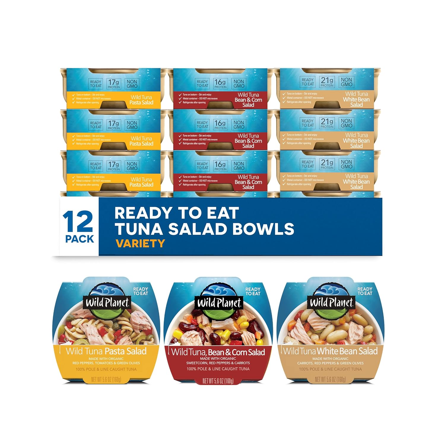 Wild Planet Ready-to-Eat Wild Tuna, Bean & Corn Salad with Organic Sweetcorn, Red Peppers and Carrots, 5.6oz (Pack of 12)