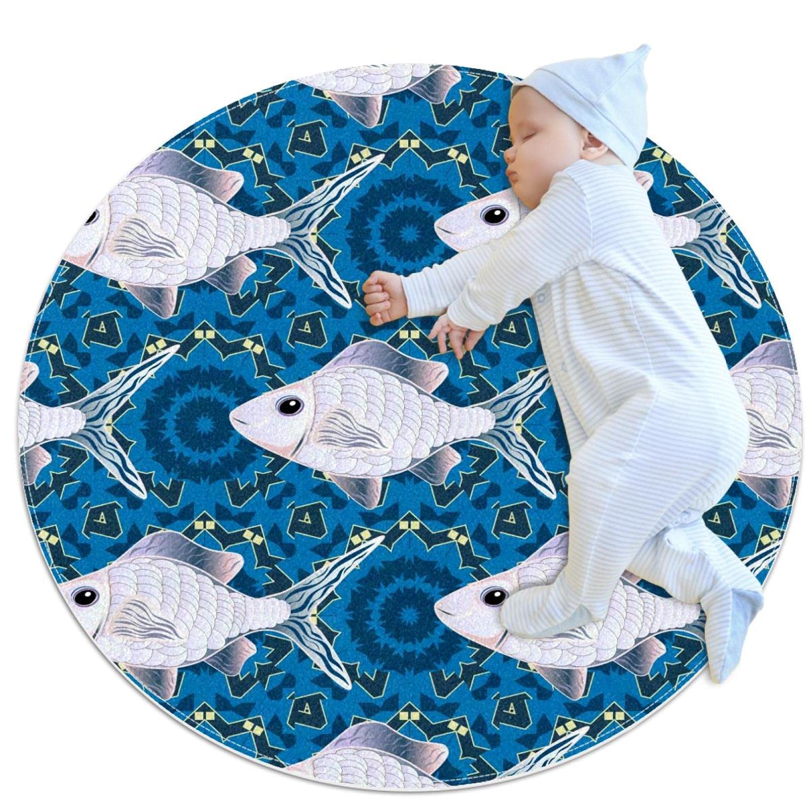 Tapis de jeu pour enfants rond motif poisson 80x80cm pour deco chambre