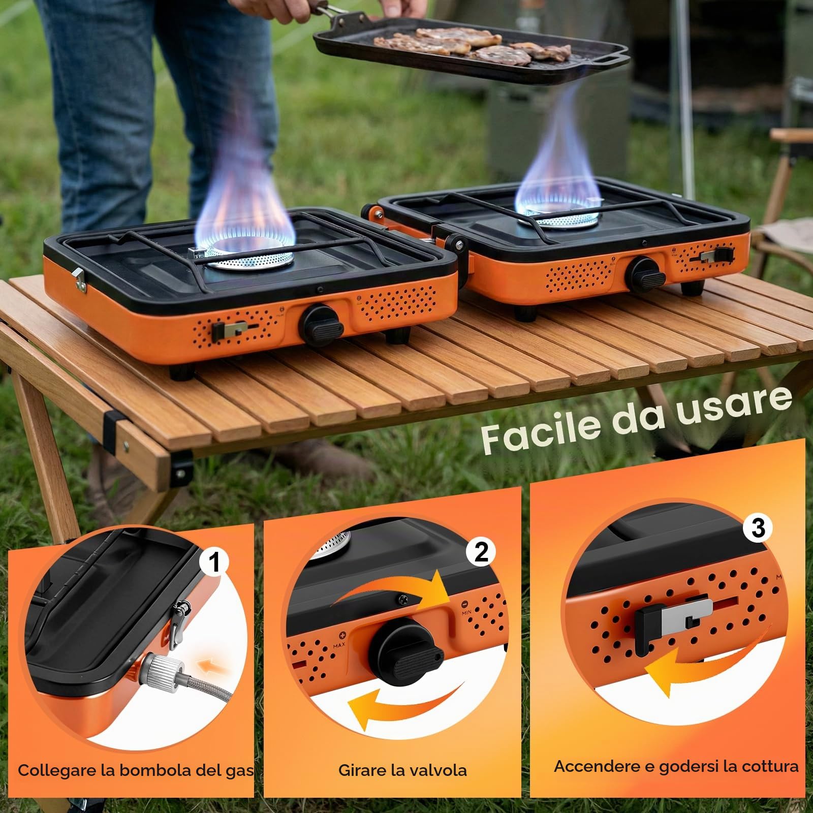 Fornello da campeggio portatile a 2 fuochi da 4400 W, potente fornello a gas per cucinare all'aperto, pieghevole con accensione, ideale per escursioni, picnic e viaggi