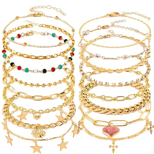 16 Pcs Gold/Silver Anklet Bracelets for Women Cuban chain Heart-shaped Beads Layered Adjustable Size Beach Daily Party