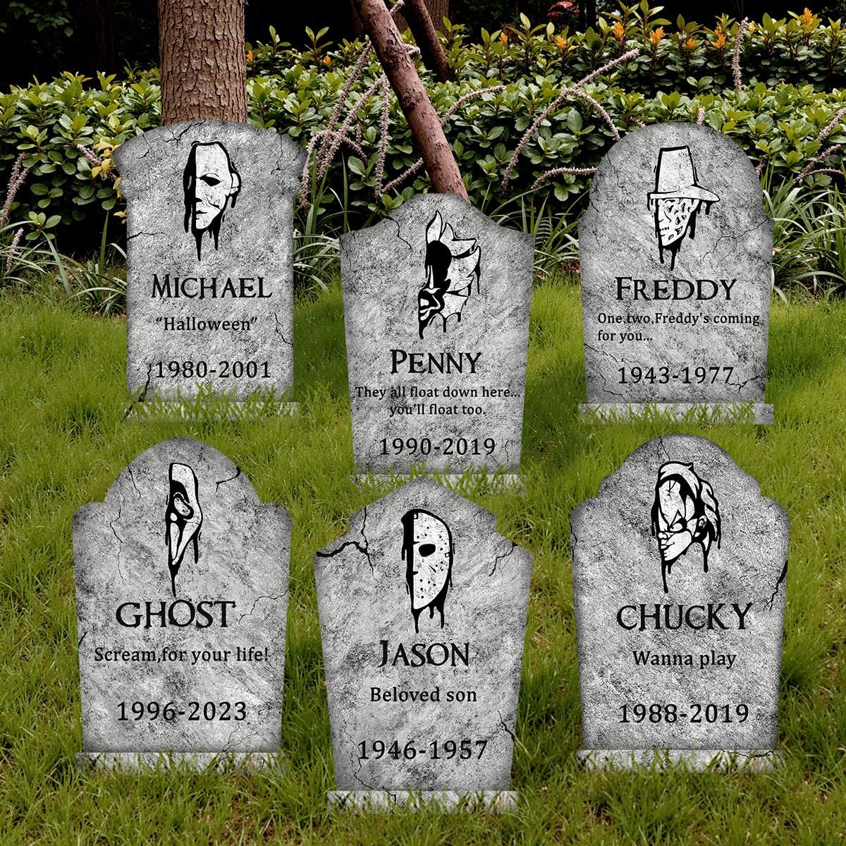 Halloween Decorations Outdoor Graveyard Tombstones: 6ct Large Tombstone Halloween Decor Yard Signs with Stake, 17" Tall Scary Gravestones with Half Killer Face, Waterproof Lawn Decor Outside, Not Foam - Image 4