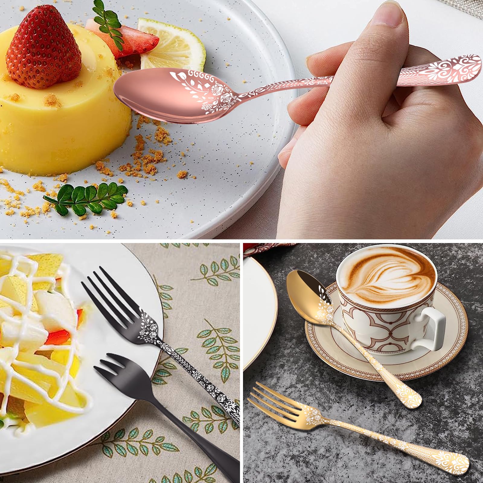 36-teiliges Besteck Set Roségold für 6 Personen, HONKKU Edelstahl Besteckset mit Steakmesser, Essbesteck Set Spiegel Polierter mit Blumenmustern, Gabel Löffel Messer Set Geschirrspüler Safe