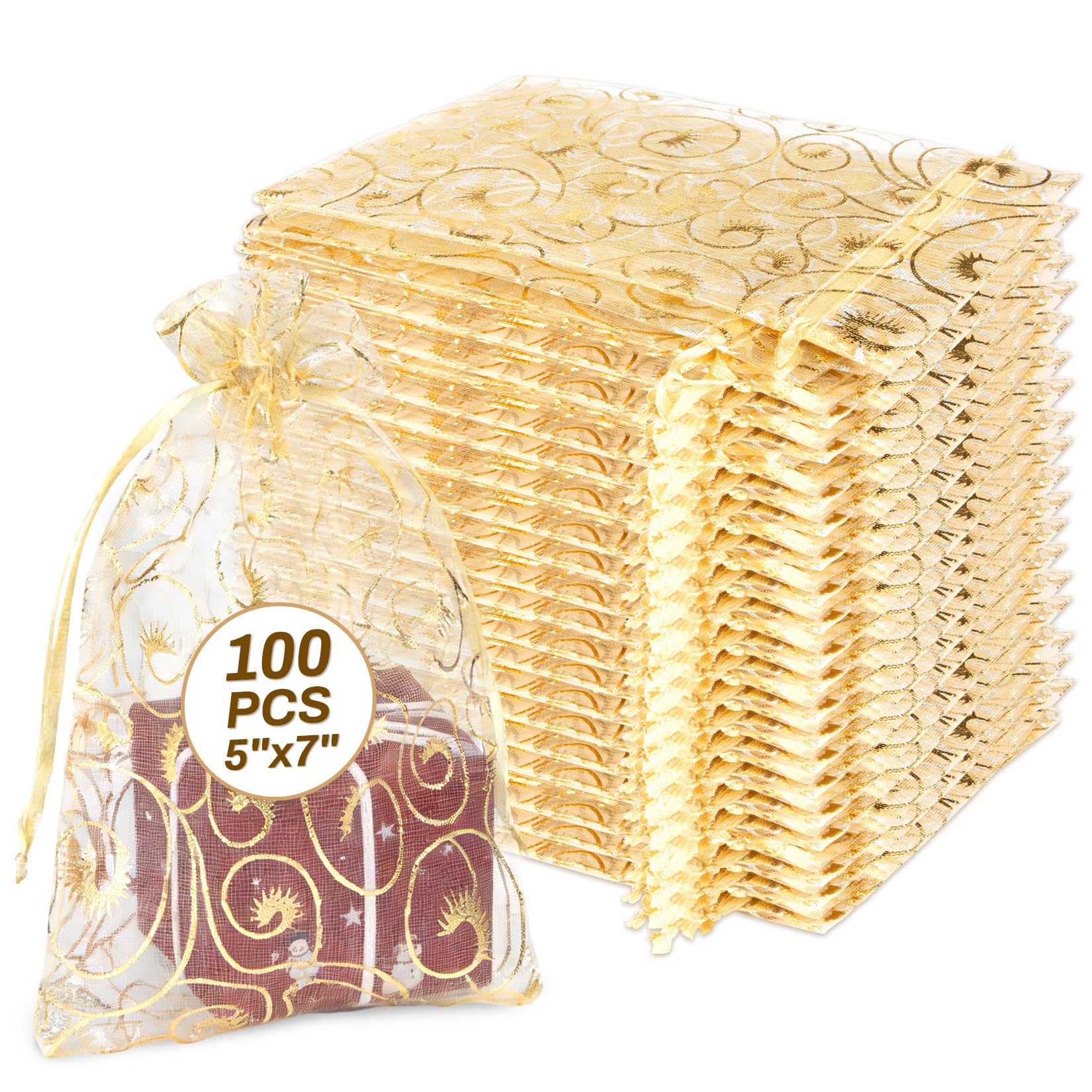 Sukh Gold Organza Bags 5"x7" - 100PCS Shiny Small Mesh Drawstring Gift Bags