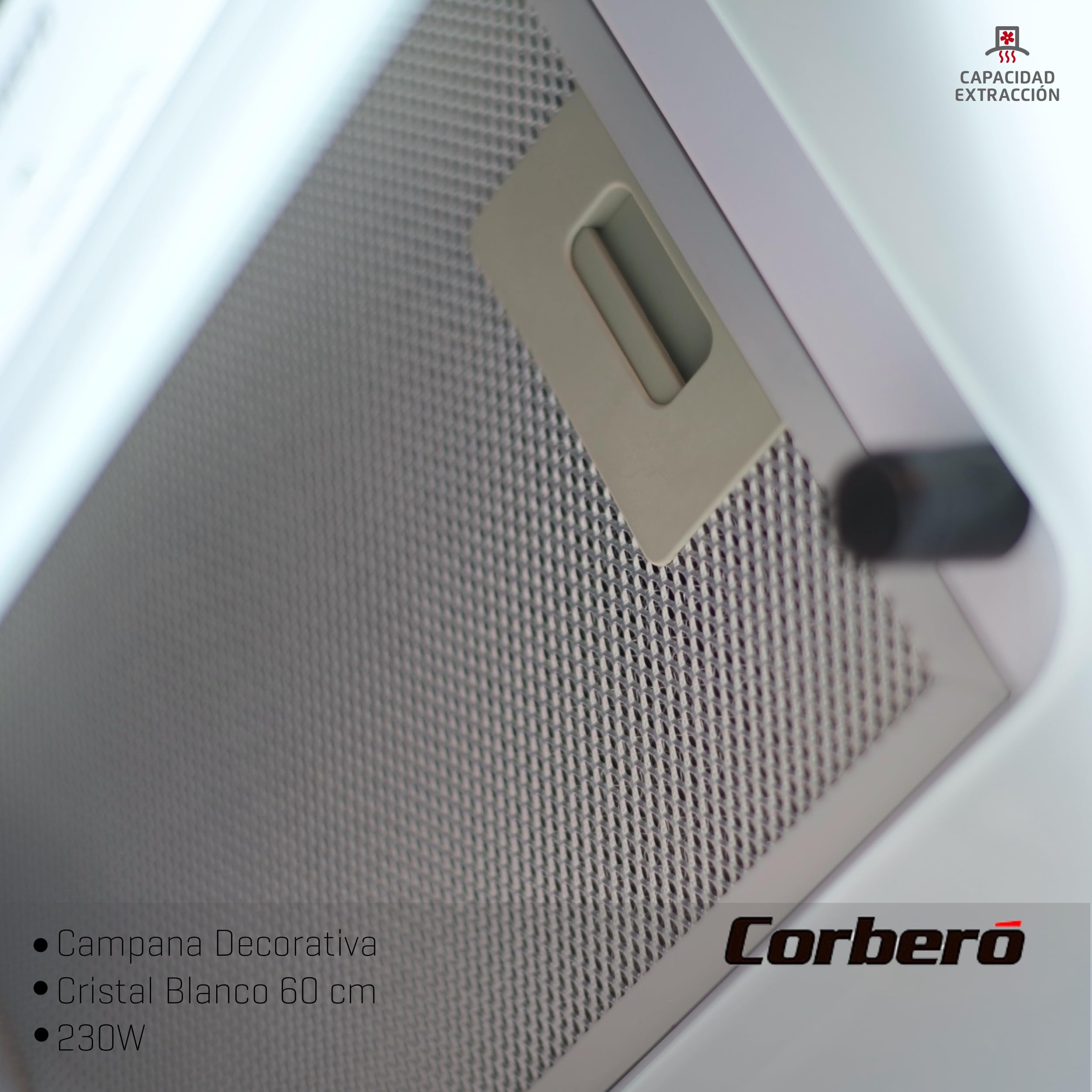 Corbero - Campana Extractora 60 cm | ONEGA675W | 705.2 m3/h | 66db| 230W | 4 Velocidades | Control Tactil| Vidrio Templado | 1 Filtro Aluminio + 1 Filtro Carbón | Blanco