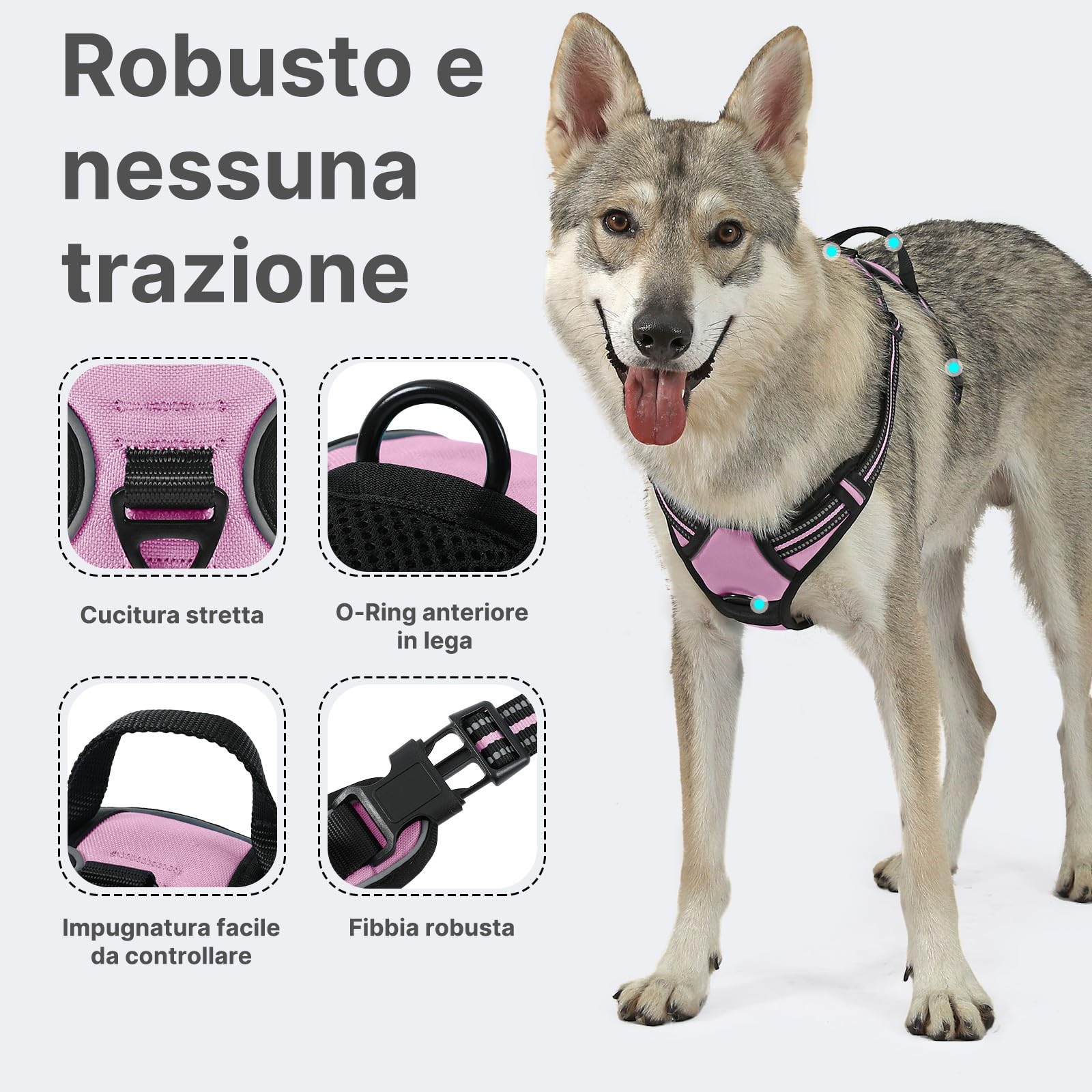 COMSLE Pettorina Cane Taglia Grande Media Piccola, Pettorina per Cani Anti Tiro Riflettente, Imbracatura Regolabile Cani con 2 Ganci in Metallo per Addestramento Corsa (Rosa, M)