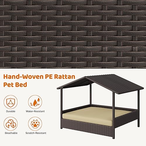 Miniatura 8 de Yaheetech Casa de mimbre para perros al aire libre e interior con toldo, cama elevada para perros con cojín para perros pequeñosmedianos, sombra