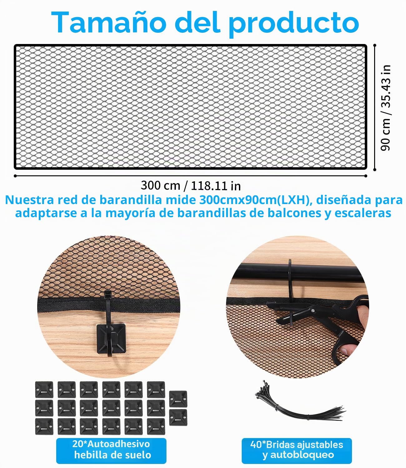 Red de Seguridad Infantil, Red de Seguridad Niños para Escaleras, Barandillas y Vallas, Reds de protección para Balcones robustas y Ajustable para niños, Mascotas y Juguetes, 300 x 90 cm, Negro