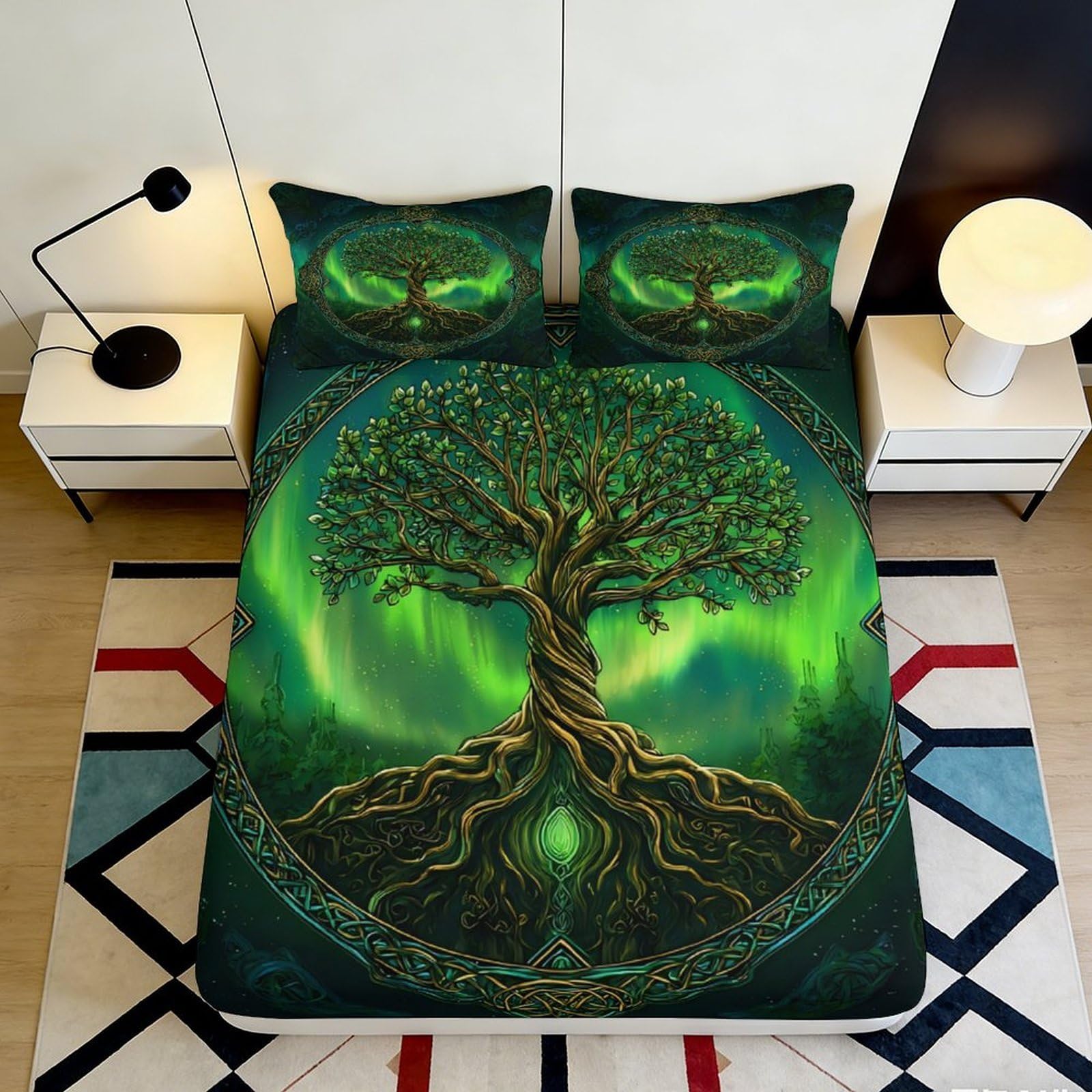 3D Printed Tree of Life Fitted Sheet Microfiber Deep Pocket Bedroom Set Nordic Tree Mattress Fitted Cover Elastic Hem Non-Slip Washable 90x200x25cm