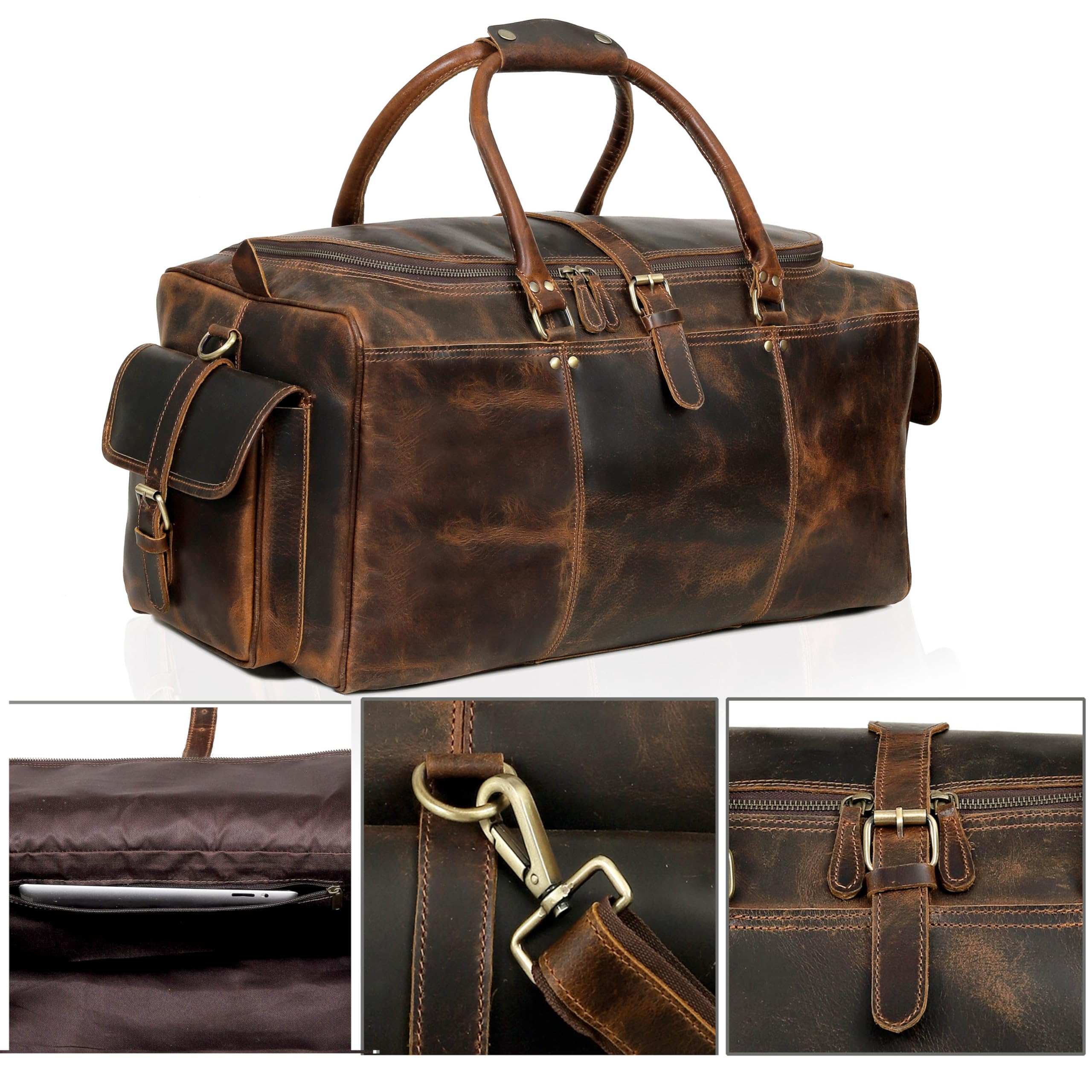 Premium Duffel Taschen für Männer Holdall Leder | Reisetasche | Wochenend-Duffle-Tasche | Dunkelbraun | Groß 24 x 12x 11 Zoll