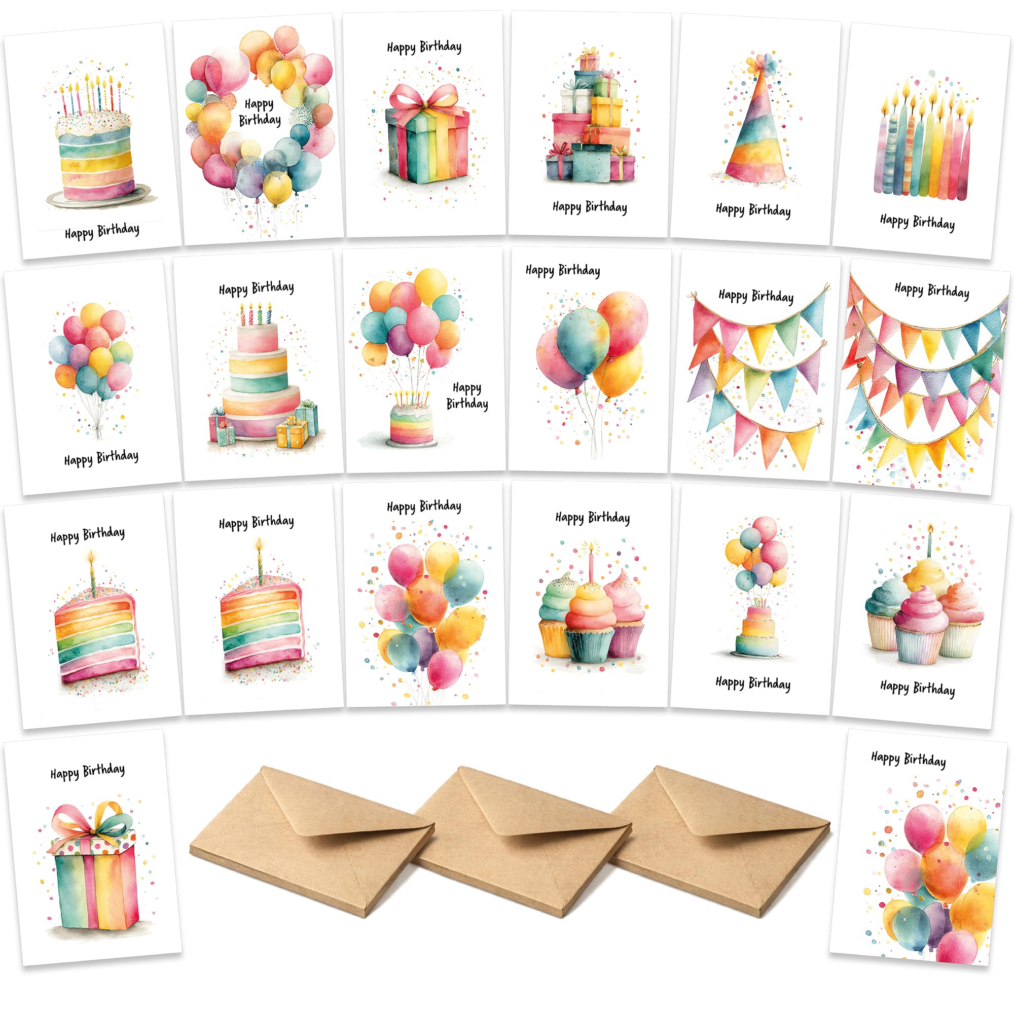 Happy Birthday Cards Packs of 20, Assorted Watercolour Bday Designs for Adult or Child, Eco-friendly and, Blank Inside with Envelopes, Multipack Bulk Set, For Friends Family