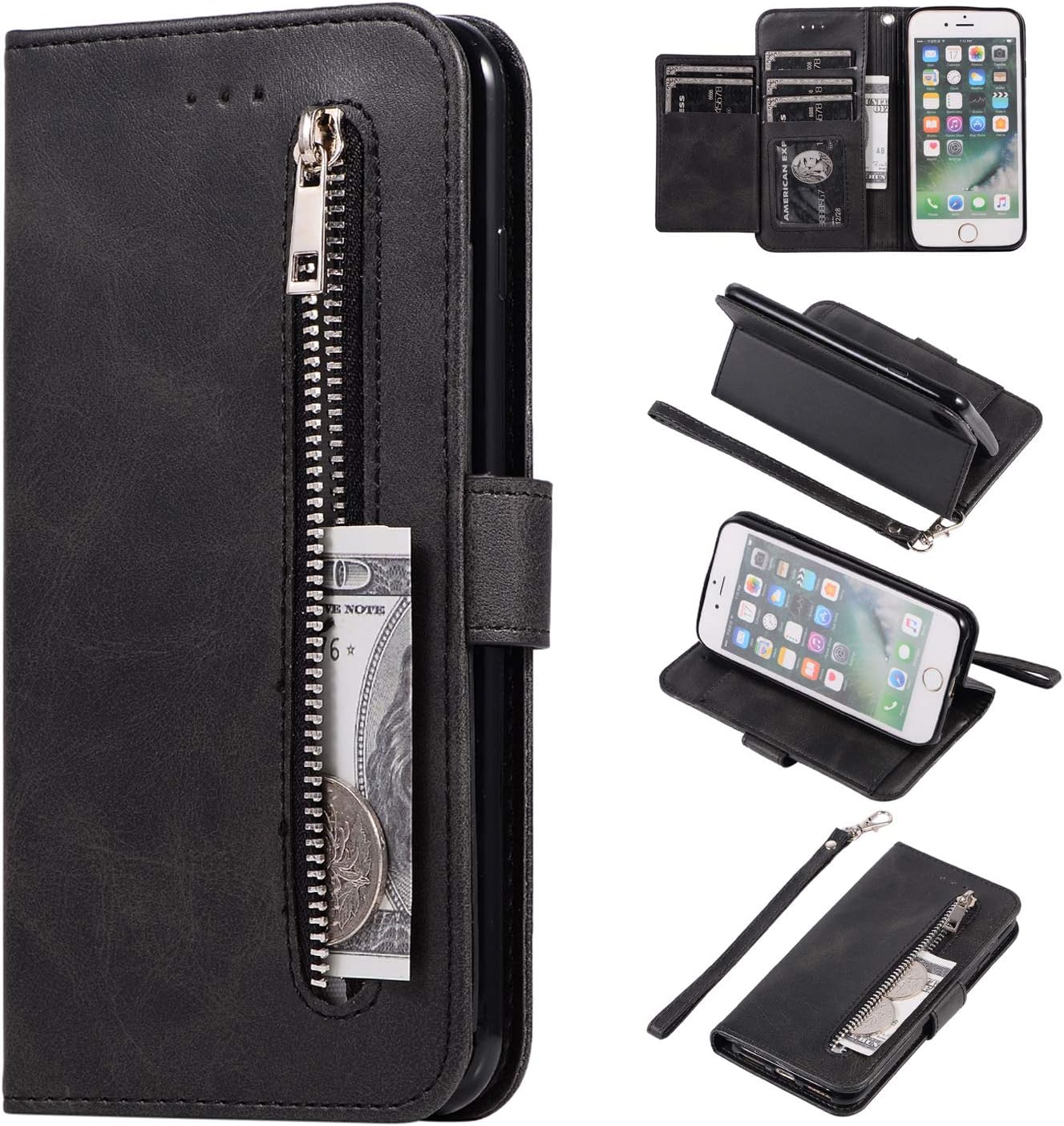 EYZUTAK Wallet Case for iPhone 6 ~ iPhone 8, 5 Card Slots PU Premium Leather Flip Folio Case Magnetic Closure Kickstand Zipper Purse Pocket Handbag Protective Cover with Wrist Strap Card Holder