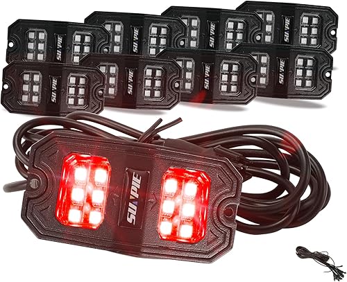 SUNPIE Gran angular 8 cápsulas de luces LED rojas para todoterreno, camión, automóvil, ATV, UTV, SUV, motocicleta, debajo del cuerpo, lámpara de luz