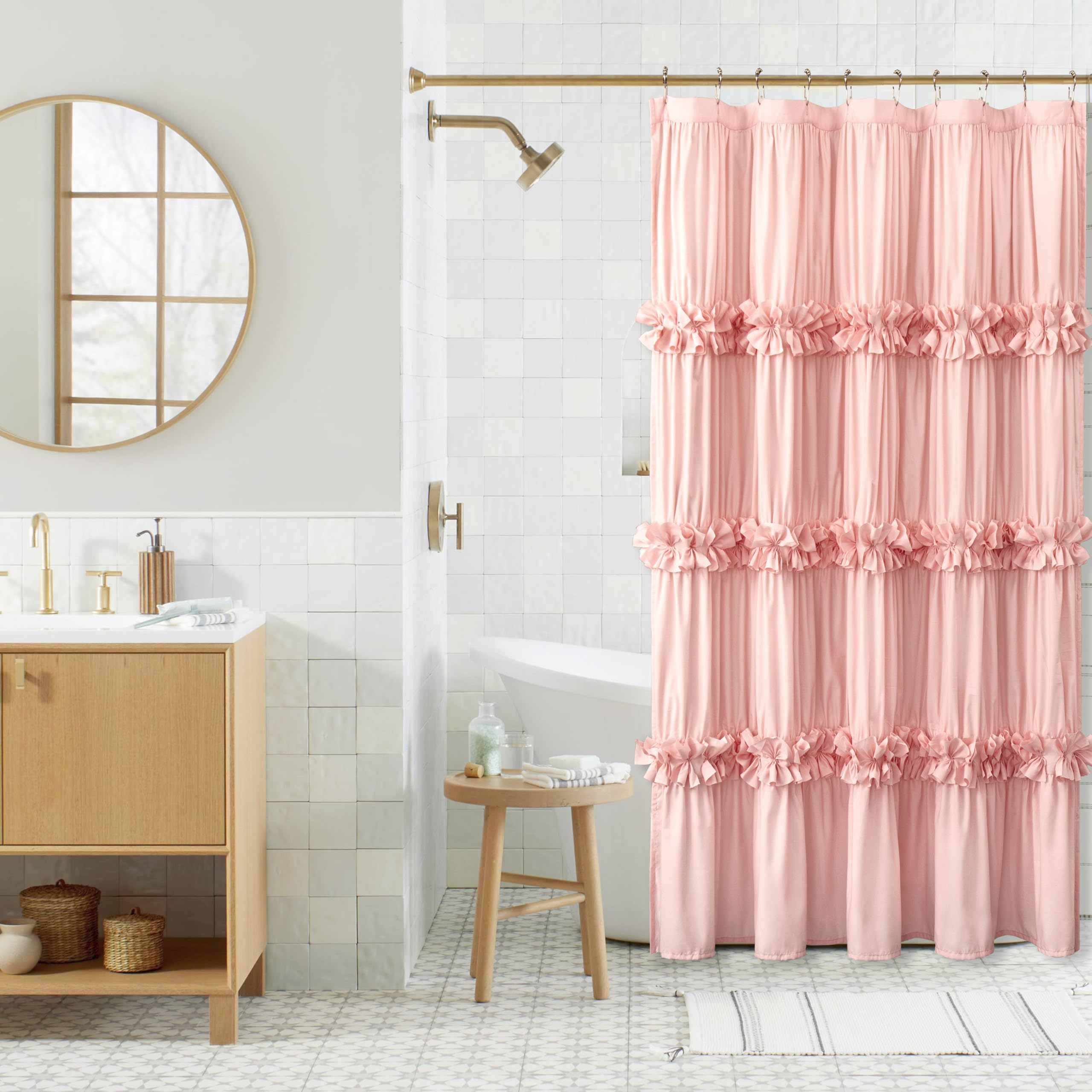 Homechoice Decor Victorian Peach Ruffle Shower Curtain with 10 Buttonholes