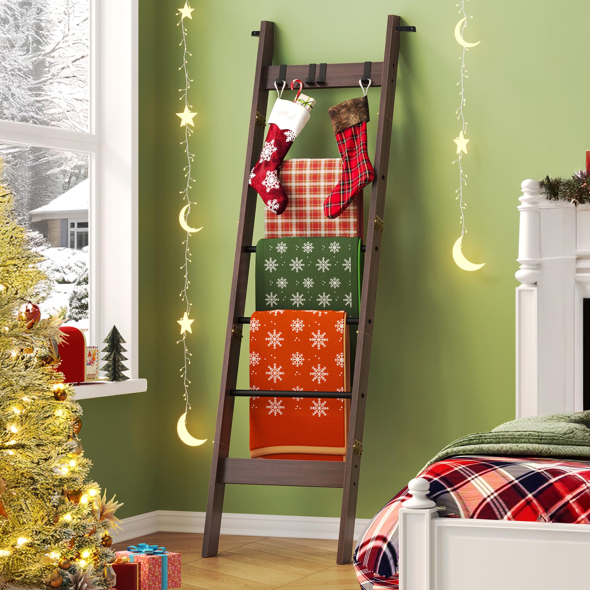 Blanket Ladder for Living Room, Decorative Quilt Rack with 4 Removable Hooks, 6-Tier Farmhouse Ladder Holder Shelf Organizer for Bedroom, Black Tea Brown and Black BR31520B
