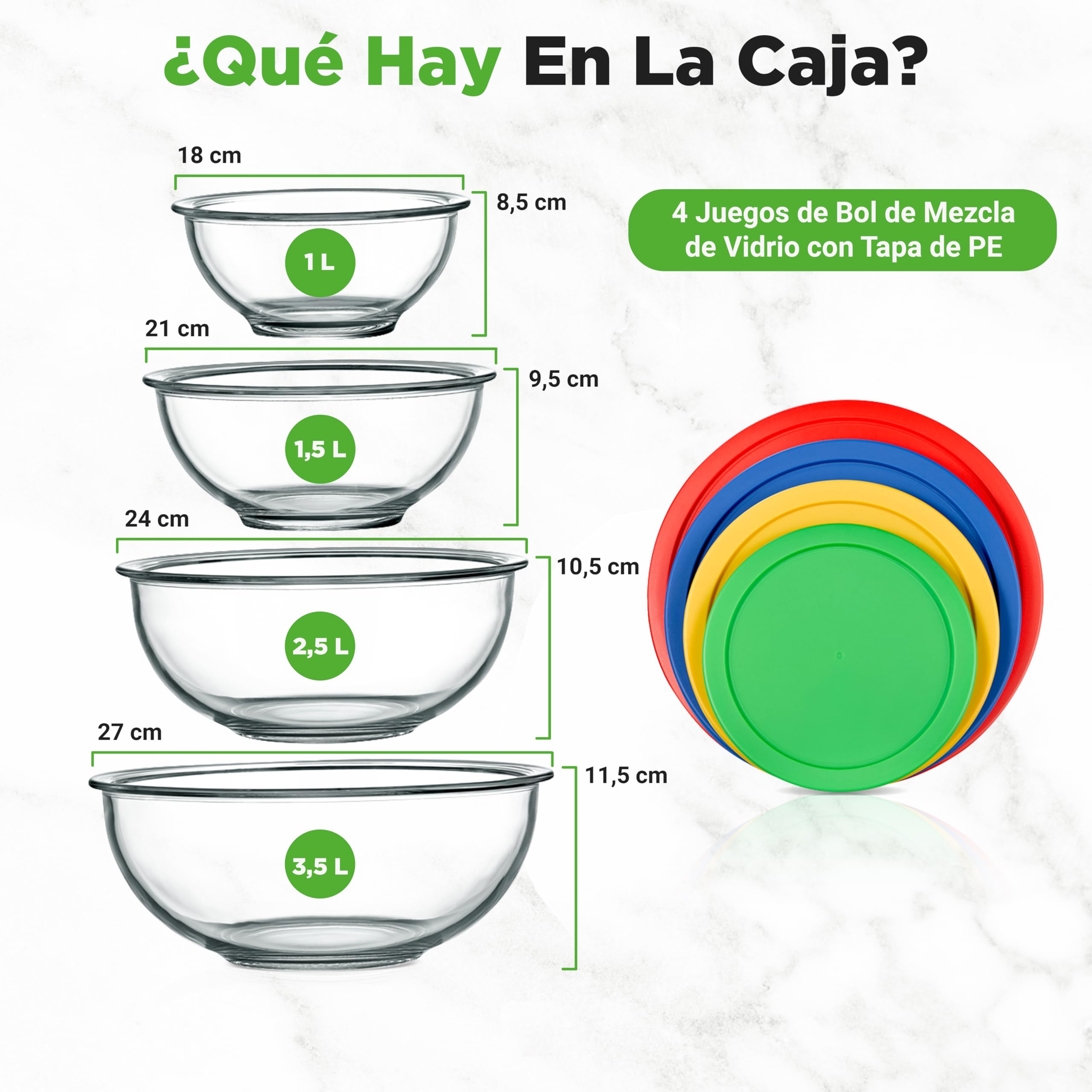 NutriChef set de 4 boles, Ensaladeras de cristal con tapa hermética, Apilables, Aptos para microondas, Horno, Lavavajillas y congelador, 4 tamaños