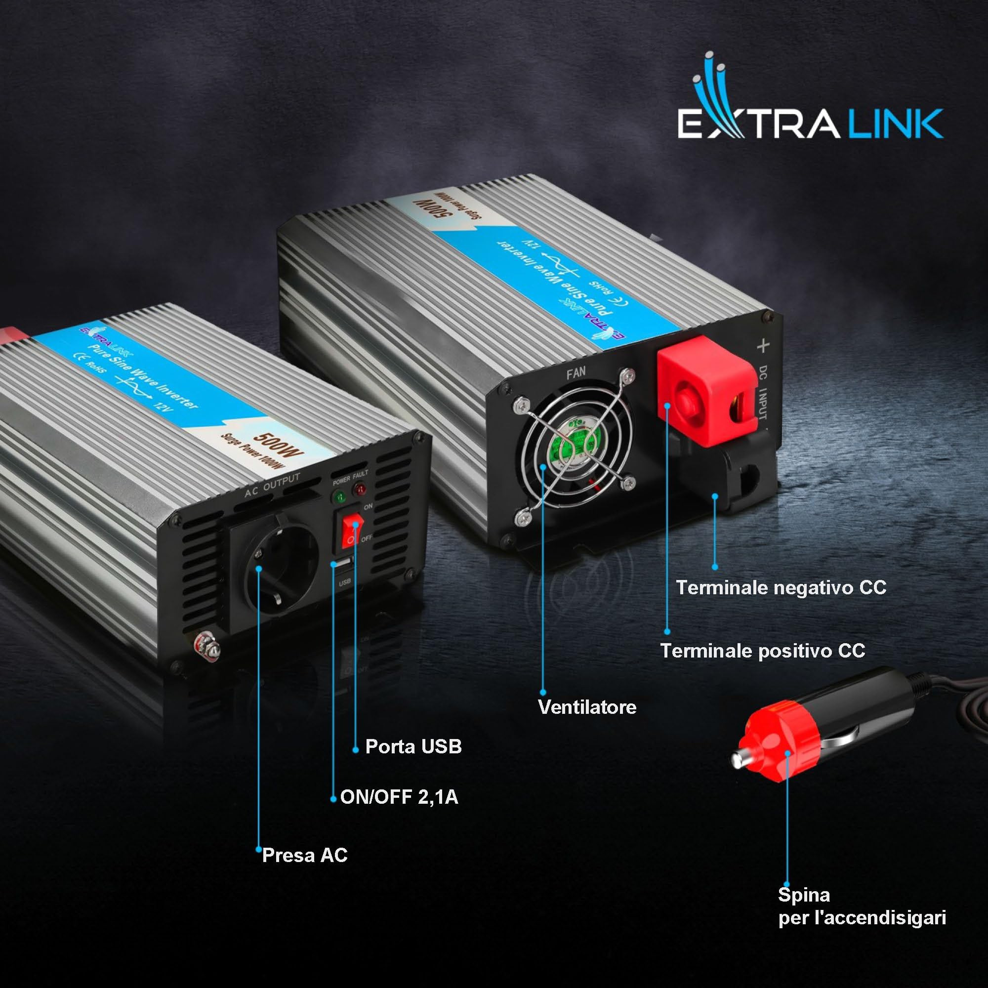 EXTRALINK Inverter 12V 220V onda pura 500W, trasformatore 220v 12v, protezione 4 livelli, ventola silenziosa, porta USB, presa accendisigari – per auto, camper, dispositivi sensibili, solar