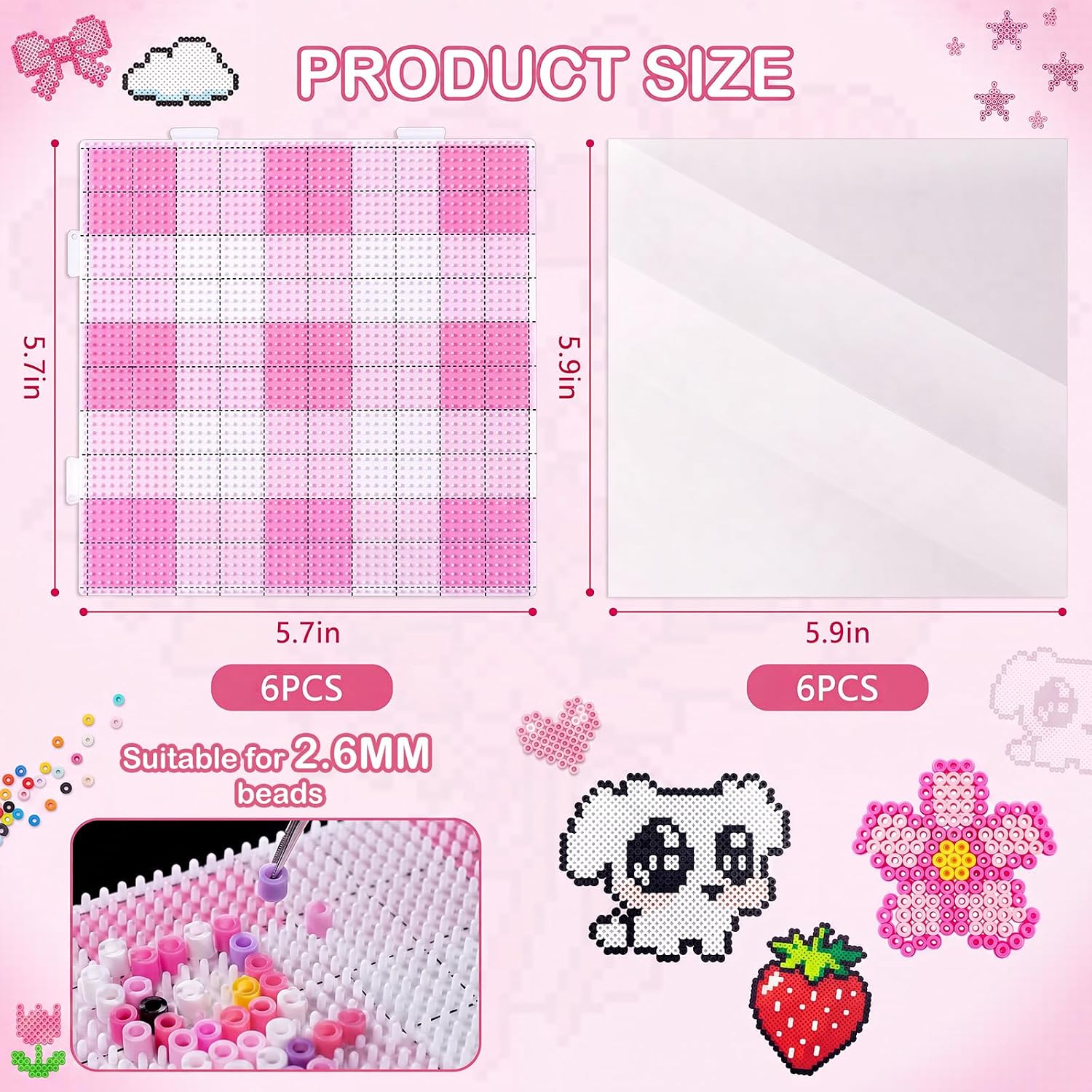6 Sets 2.6mm Mini Fuse Beads Pegboards Kit, 5.7 in Pink Check