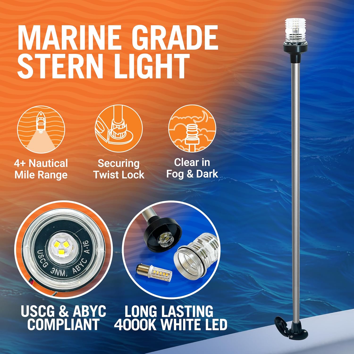 Boat Anchor Light Pole, 35" LED Stern Light, USCG Tested Waterproof Marine Navigation Light, 2NM White All-Around Lighthouse, Rear Light Pole LED Accessory for Boats