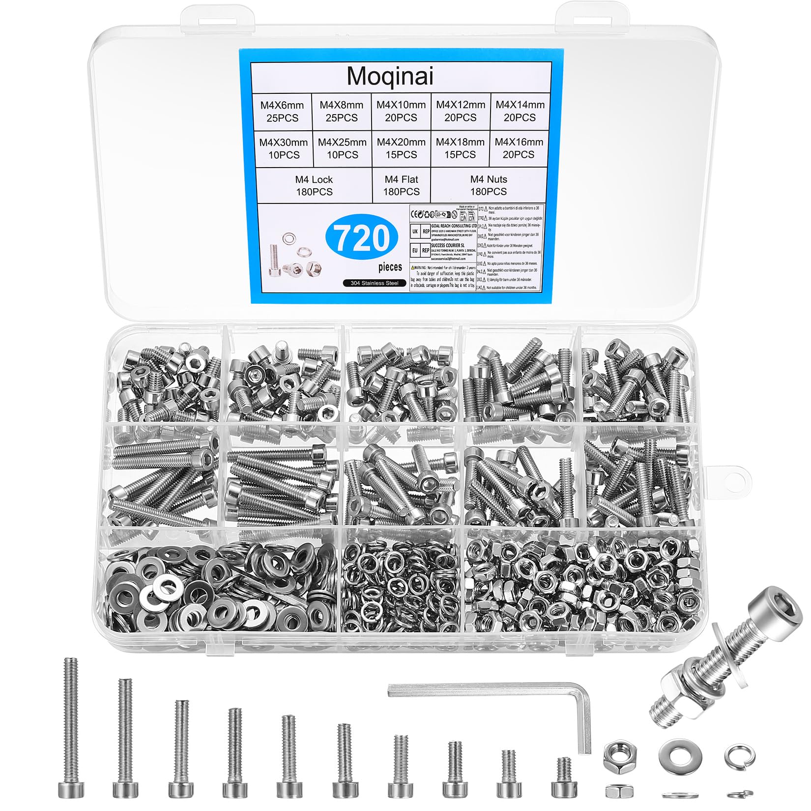720 Pcs M4 Screw Set,M4 Bolts and Nuts Set, Stainless Steel Socket Head Cap Screws and Nuts Kit, Machine Screws with Washers and Spring Washers, Metric Bolt Assortment for Furniture