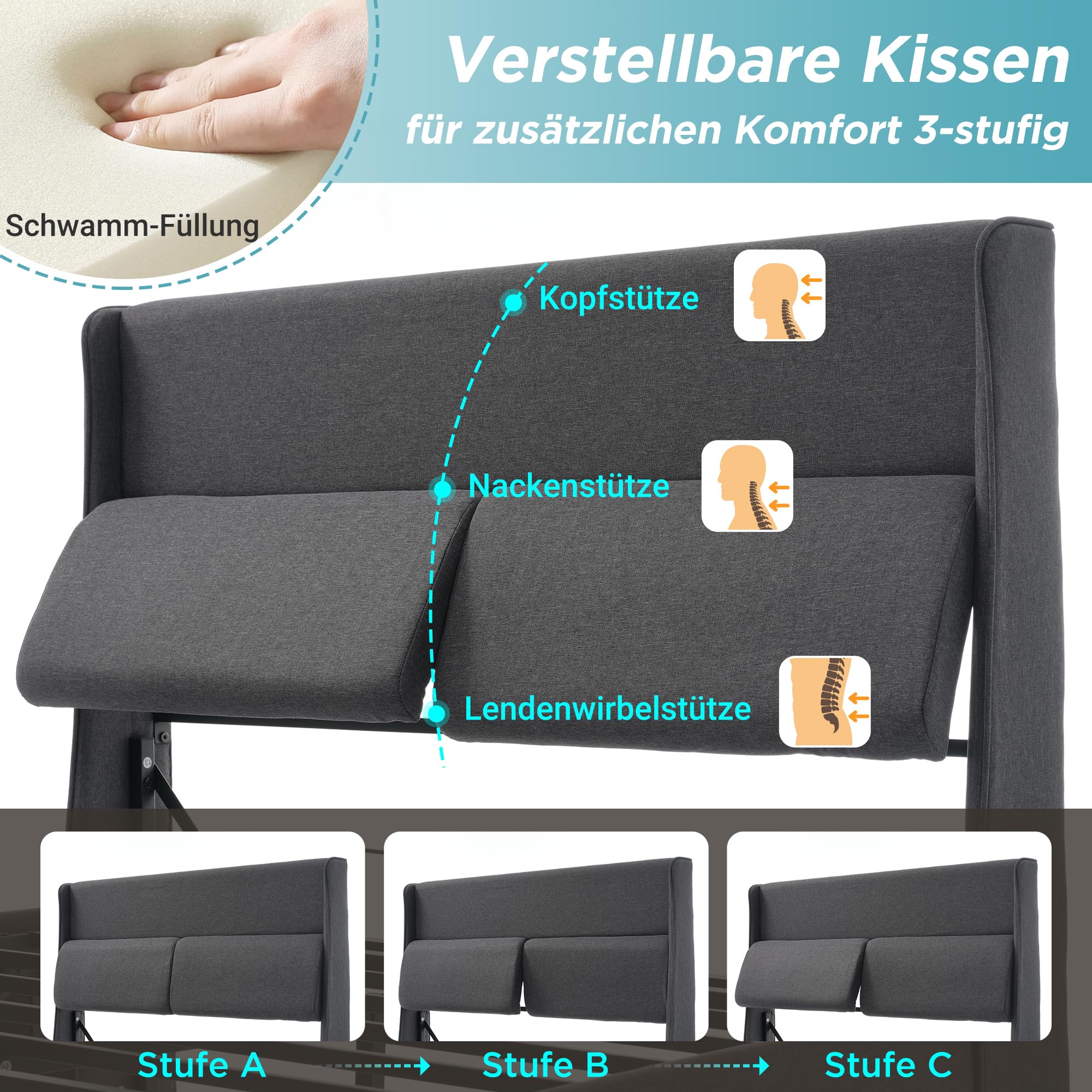 Dolamaní Boxspringbett Doppelbett 180x200 cm, Polsterbett mit Verstellbare Kopfstützen,Hydraulisches Bettgestell mit Stauraum, Bett mit Metall- Lattenrost, Leinen Ohne Matratze (Grau)