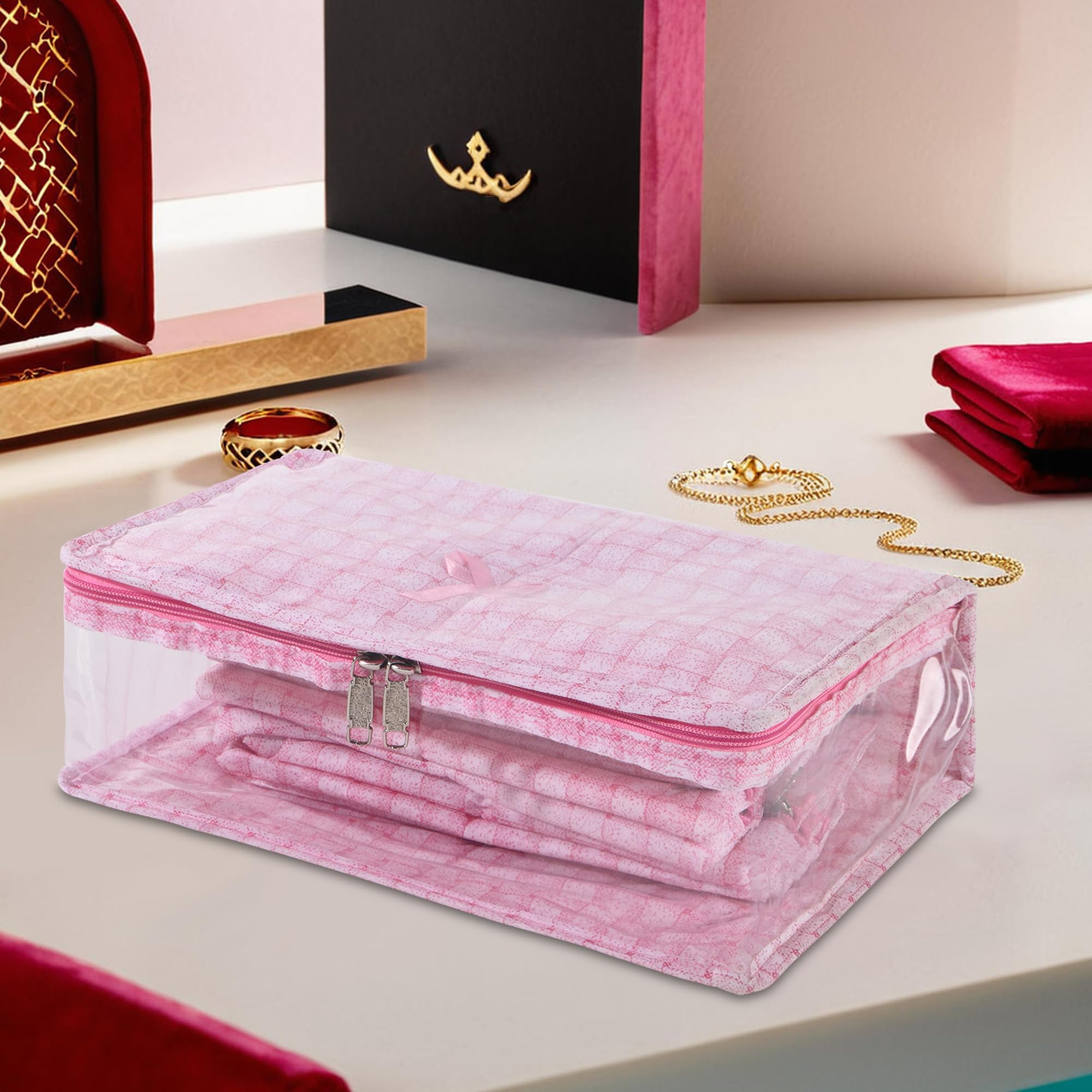 Kuber Industries PVC Makeup Pouch Bag with 13 Compartments | Jewellery Organisers Pouch for Storage Earrings, Rings and Bracelet | Check Laminated Design - Pink