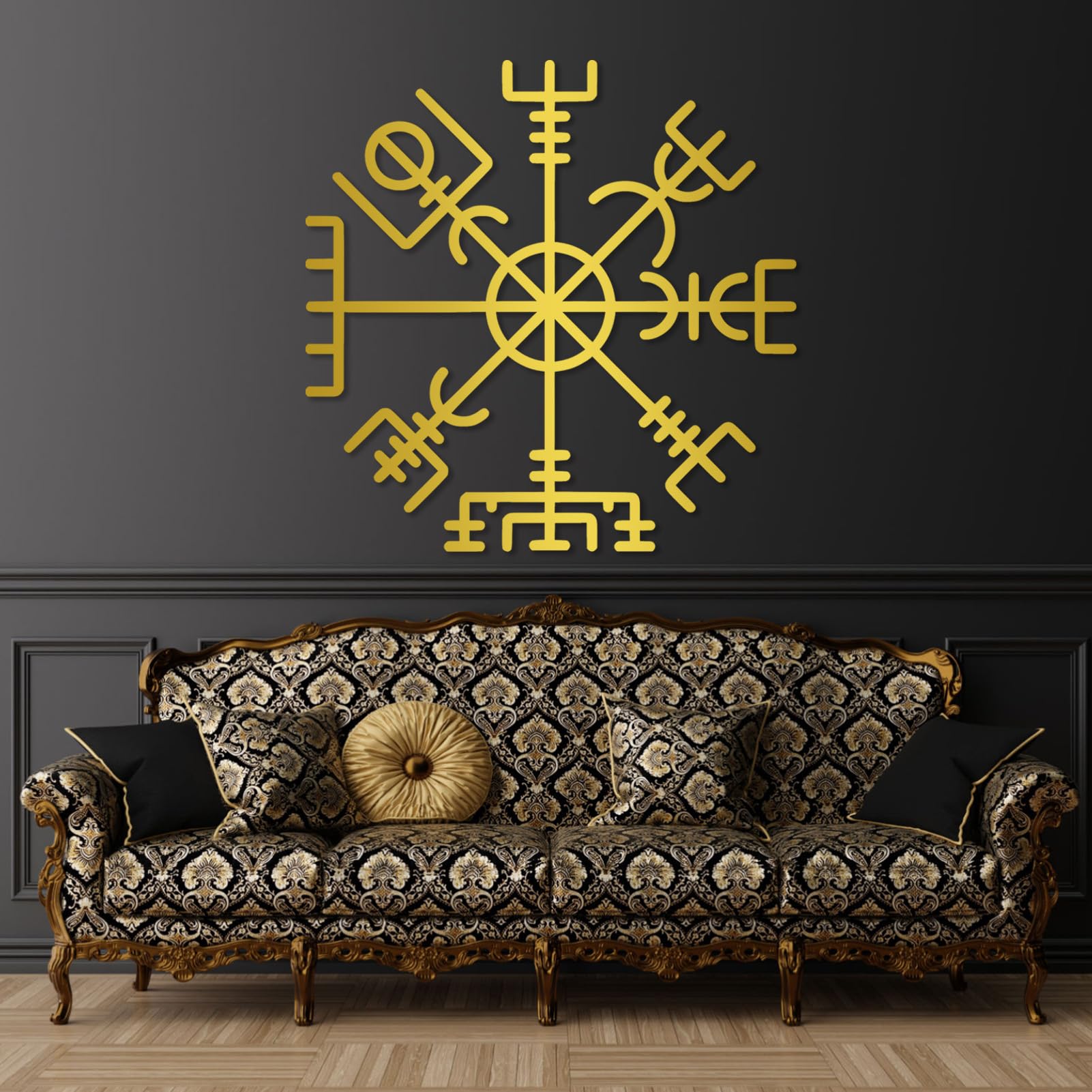 Decorazione murale in Metallo Nero a Tema Vichingo, Bussola nordica in Metallo, Scultura Moderna vichinga per Soggiorno, Camera da Letto, corridoio e Arredamento (Oro 99 cm di Lunghezza x 99