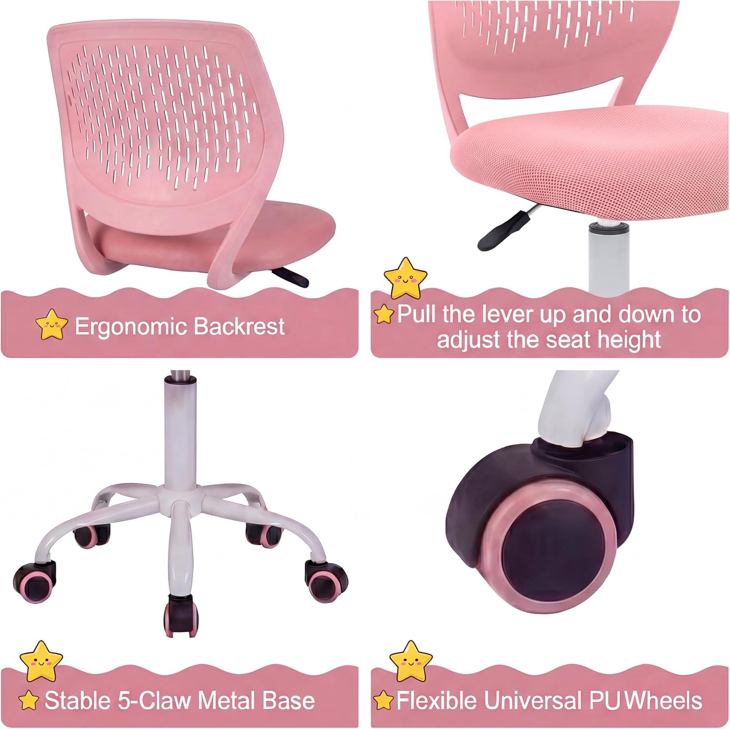 Costzon Kids Desk Chair, Armless Height Adjustable Kids Computer Chair w/Elastic Sponge Filling, Ergonomic Backrest & Stable 5-Point Wheels, Children Rolling Swivel Chair for Studyroom (Pink)