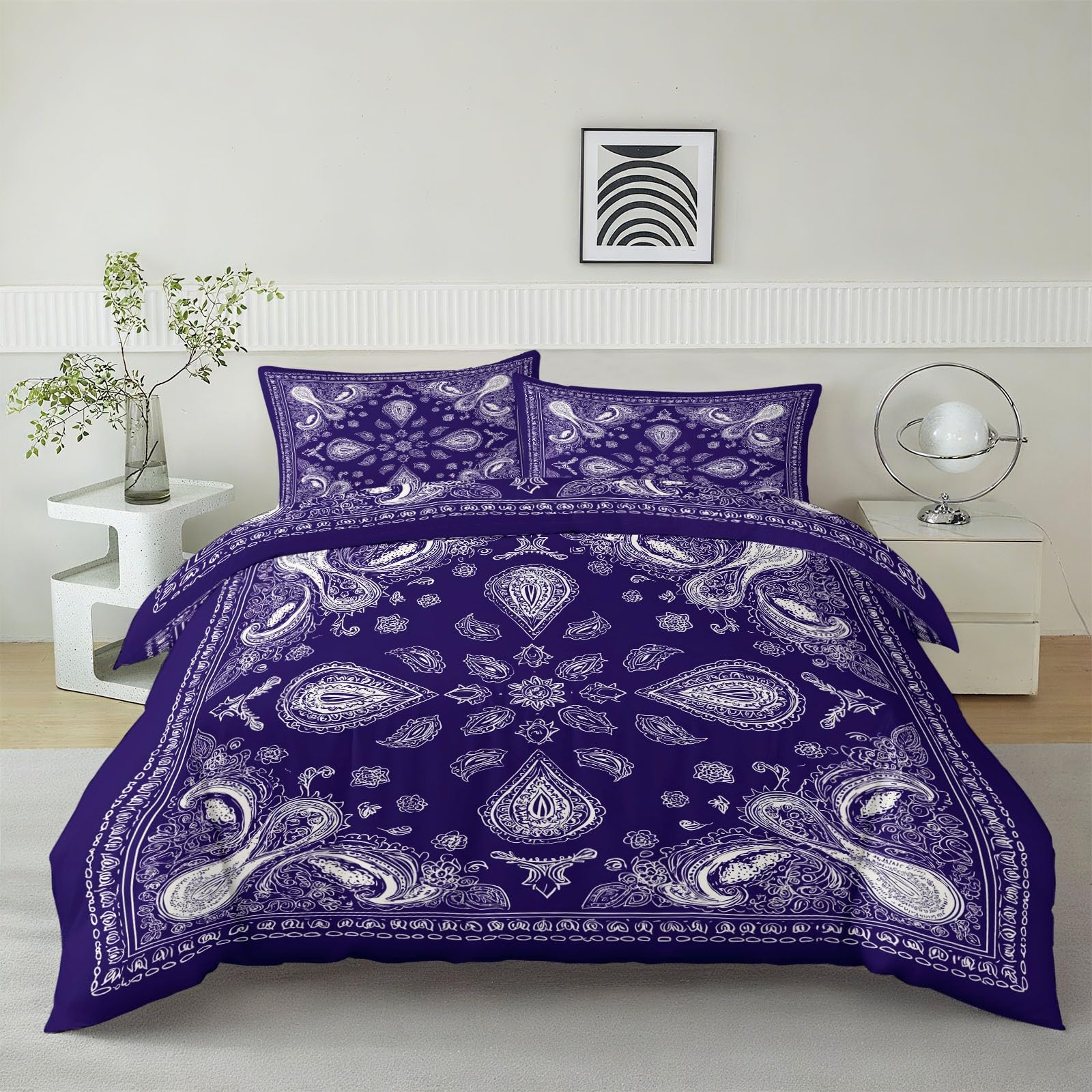 King zestaw pościeli z geometrycznym fioletowym wzorem, dwustronna poszewka na kołdrę 230 x 220 cm, ultrasoft, hipoalergiczna, nie wymaga prasowania, styl paisley, luksusowe zestawy pościeli z