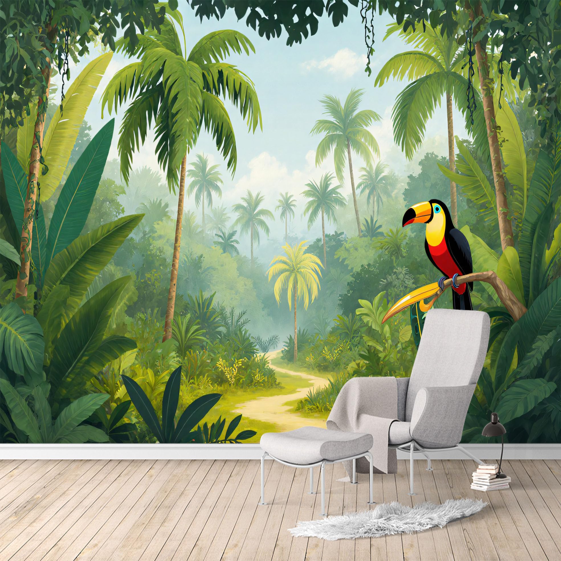 Custom Size Wall Murals,Tropical Rainforest Path Toucan Jungle Palm Tree Landscape,SelfAdhesive Water Activated Removable Wall Covering,Large Photo Wallpaper for Living Room Bedroom Office