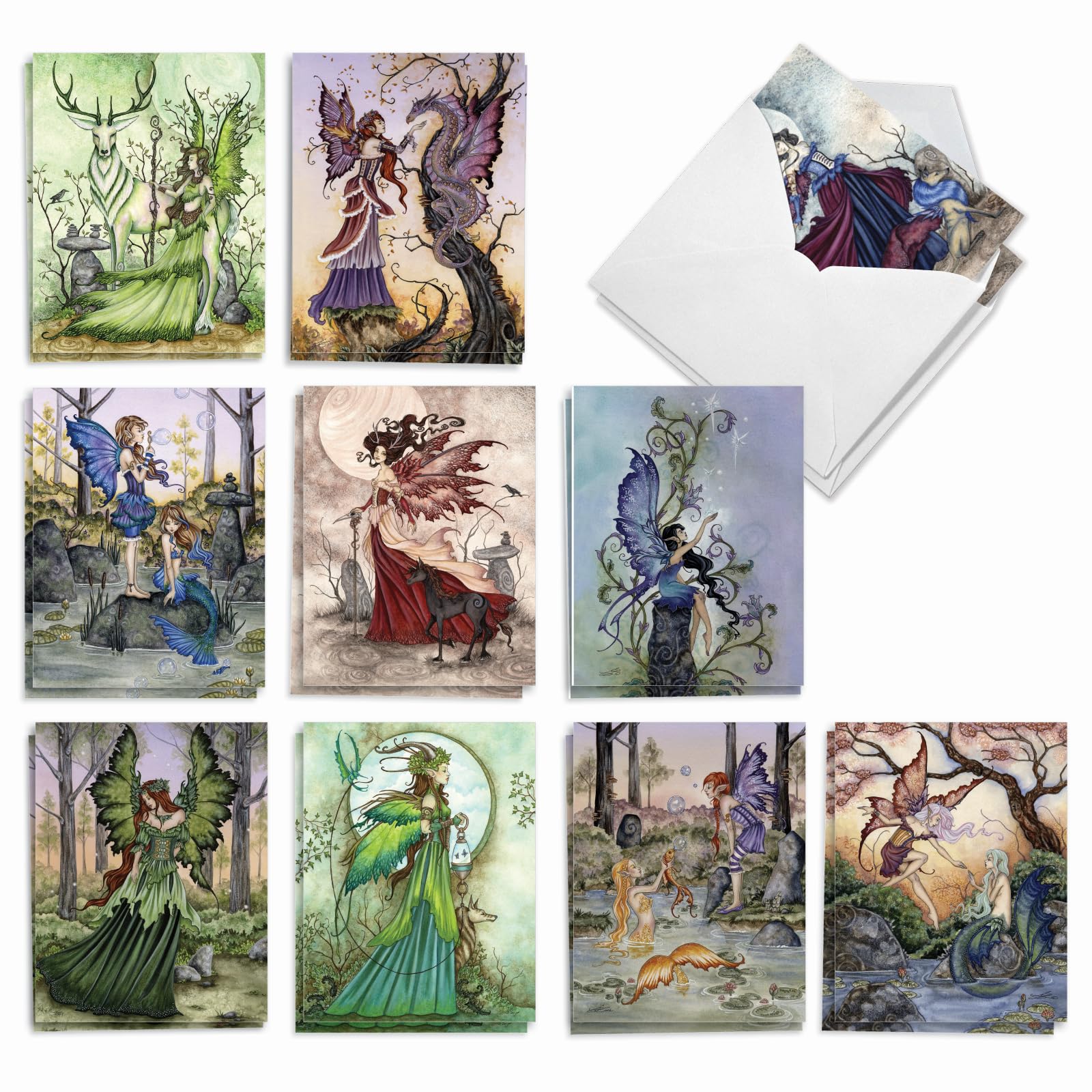 The Best Card Company - 20 Cute Cards Boxed (4 x 5.12 Inch) - Assorted Blank Set (10 Designs, 2 Each) - Fantastic Faeries AM3367OCB-B2x10