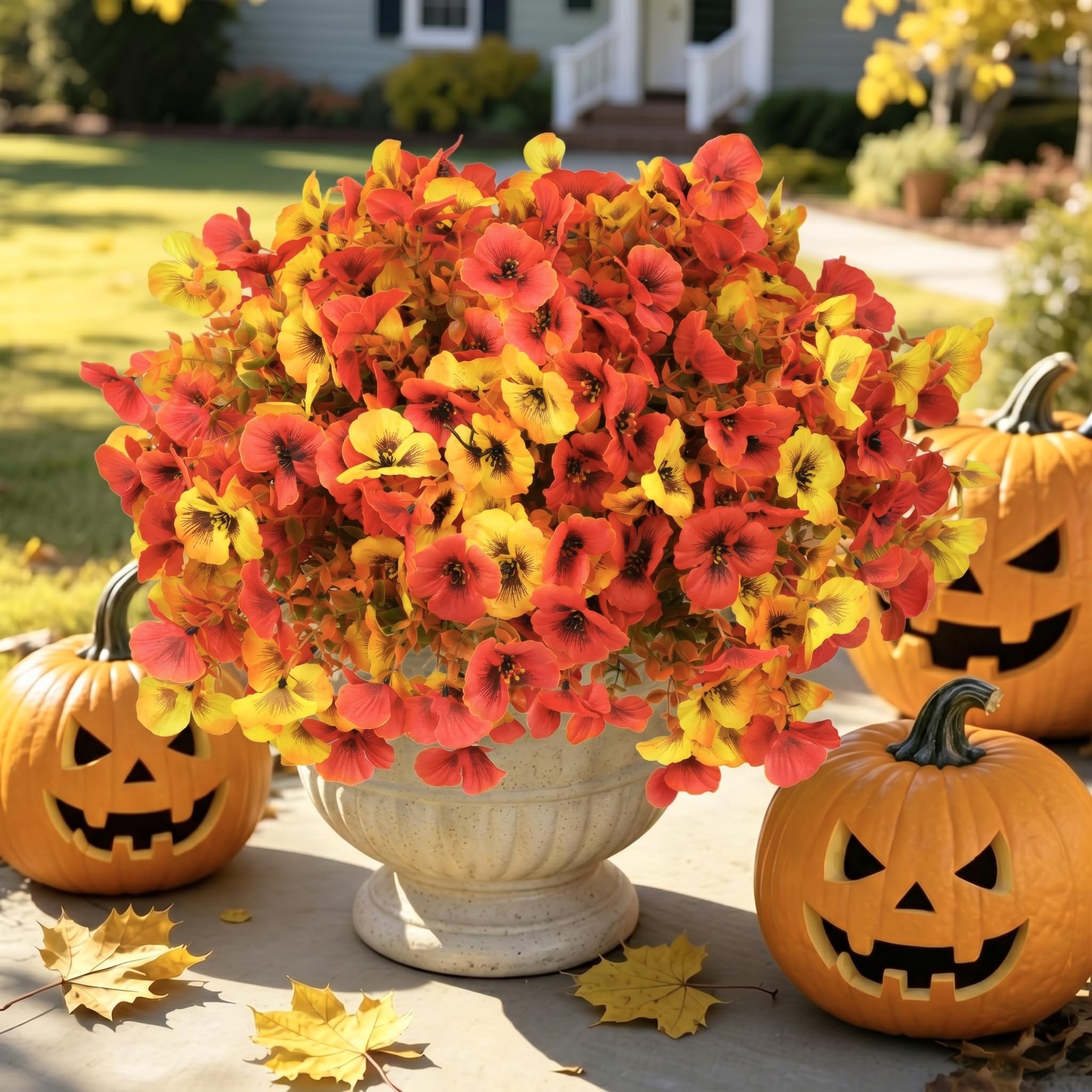 Homcomodar 6 Pcs Autumn Artificial Flowers Outdoor Orange Fake Flowers Fall Artificial Plants Ourdoor Silk Pansy Flowers for Porch Garden Window Boxes Patio Indoor Outside Halloween Thanksgiving Decor