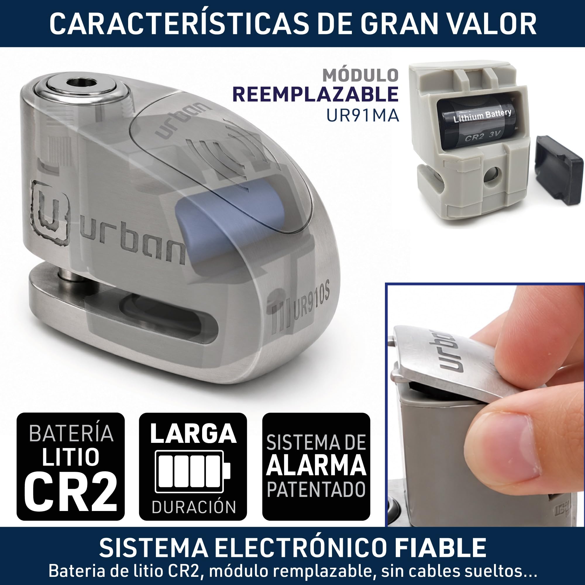 URBAN UR910S Candado Moto Disco Sin o con Alarma X2-ON 120dB, Alta Seguridad Homologado Sra, Doble Cierre 10mm Anti-Sierra, Acero Inoxidable, Pila CR2 Larga Duración, Bloqueo Pinza Antirrobo Scooter
