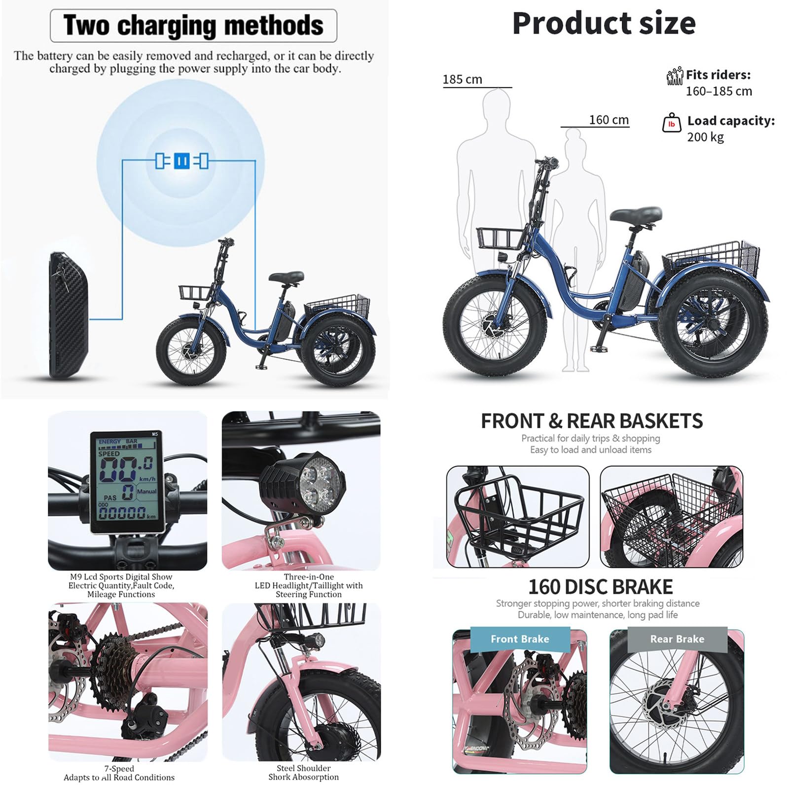Triciclo elettrico per anziani, bici da neve con pneumatici larghi da 20'' a 7 velocità, cestini anteriori e posteriori, doppi freni a disco, display LCD, autonomia di 35 km, carico massimo