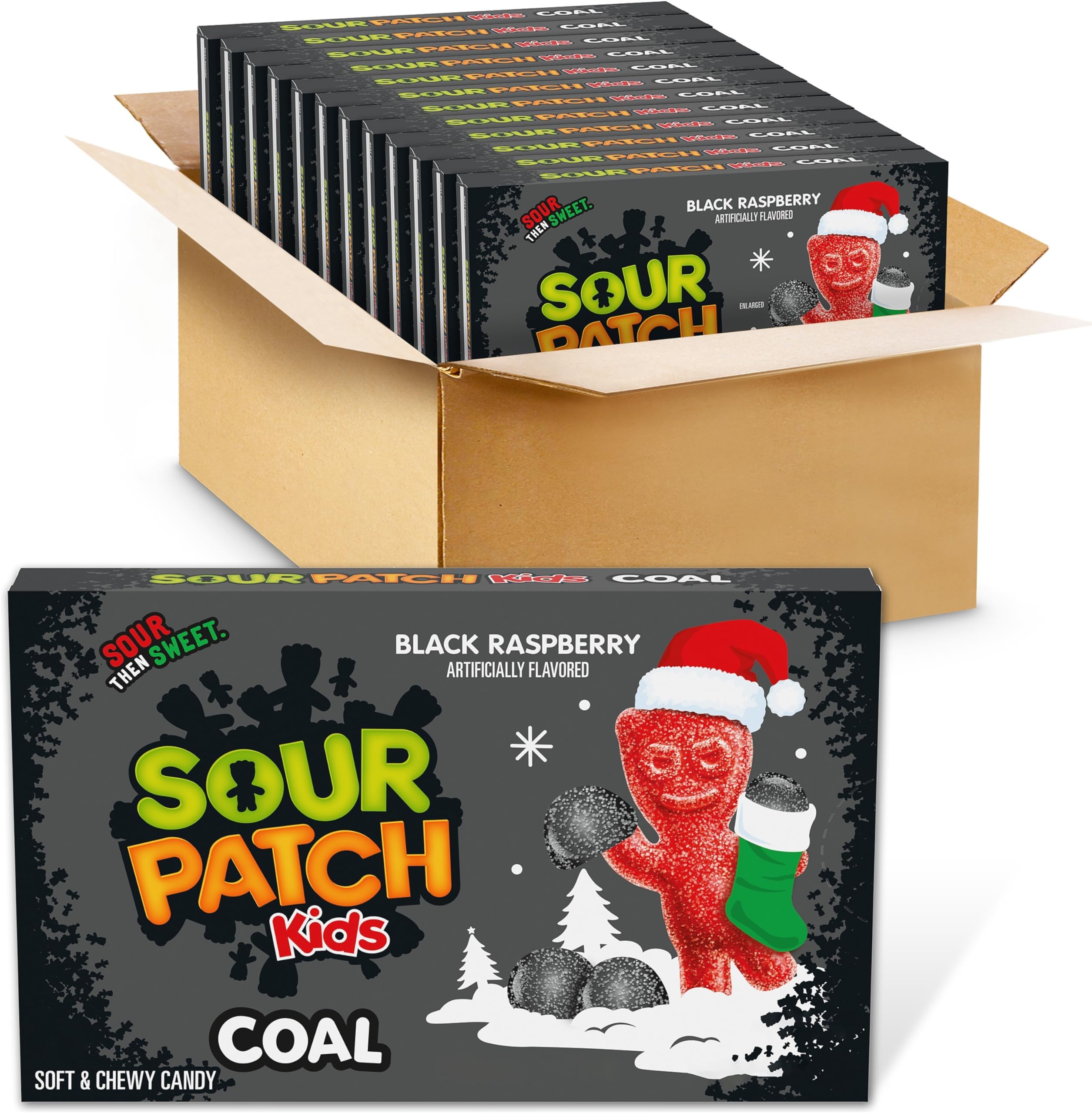 SOUR PATCH KIDS Coal Black Raspberry Soft & Chewy Holiday Candy, Bulk Candy, 12 - 3.1 oz Boxes