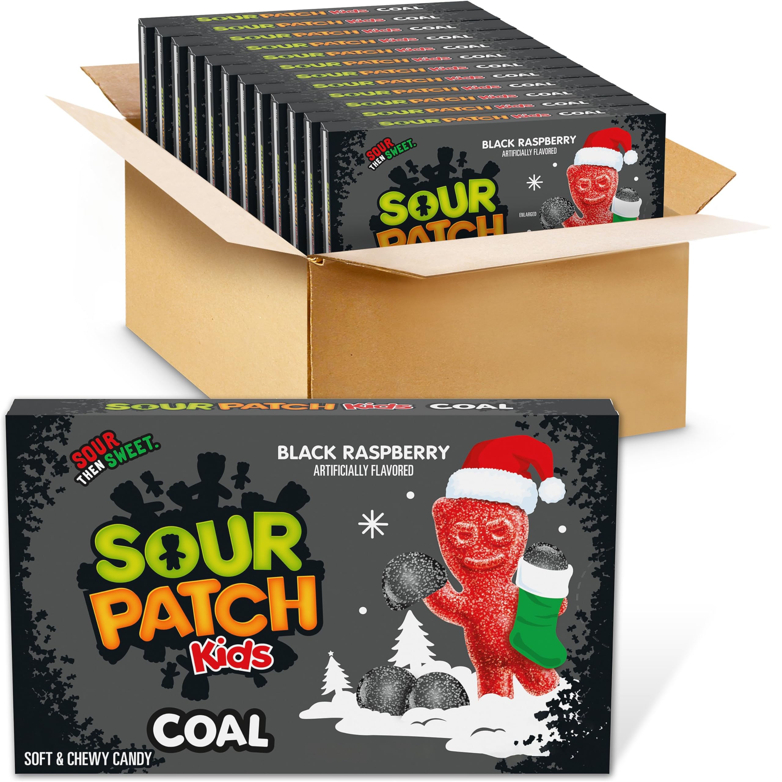 SOUR PATCH KIDS Coal Black Raspberry Soft & Chewy Holiday Candy, Bulk Candy, 12 - 3.1 oz Boxes