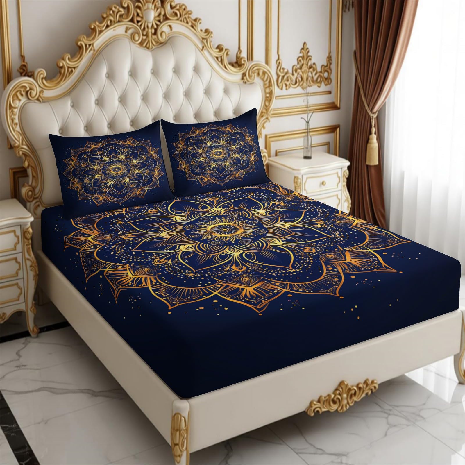 Lenzuolo con Angoli 180 x 200 cm Microfibra Mandala astratto Lenzuolo Sotto Elasticizzato Profondo 25 cm giallo per Letto Singolo e Matrimoniale
