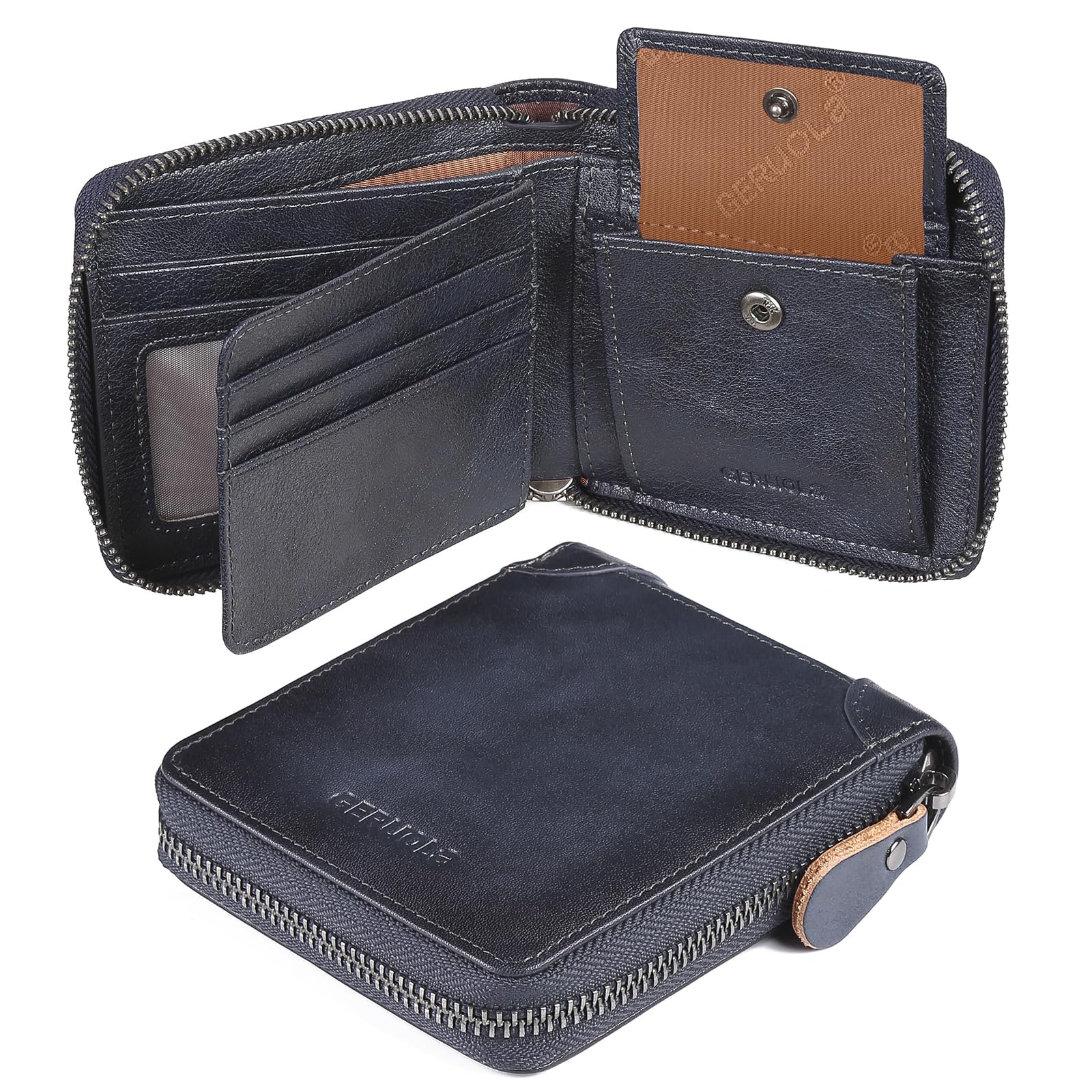 GERUOLA Herren Leder Geldbörse mit umlaufenden Reißverschluss - echtes Rindsleder - RFID-Schutz - Münzfach mit Einkaufswagenchip-Halter Schutz Geldbeutel Männer Klein (Blau)