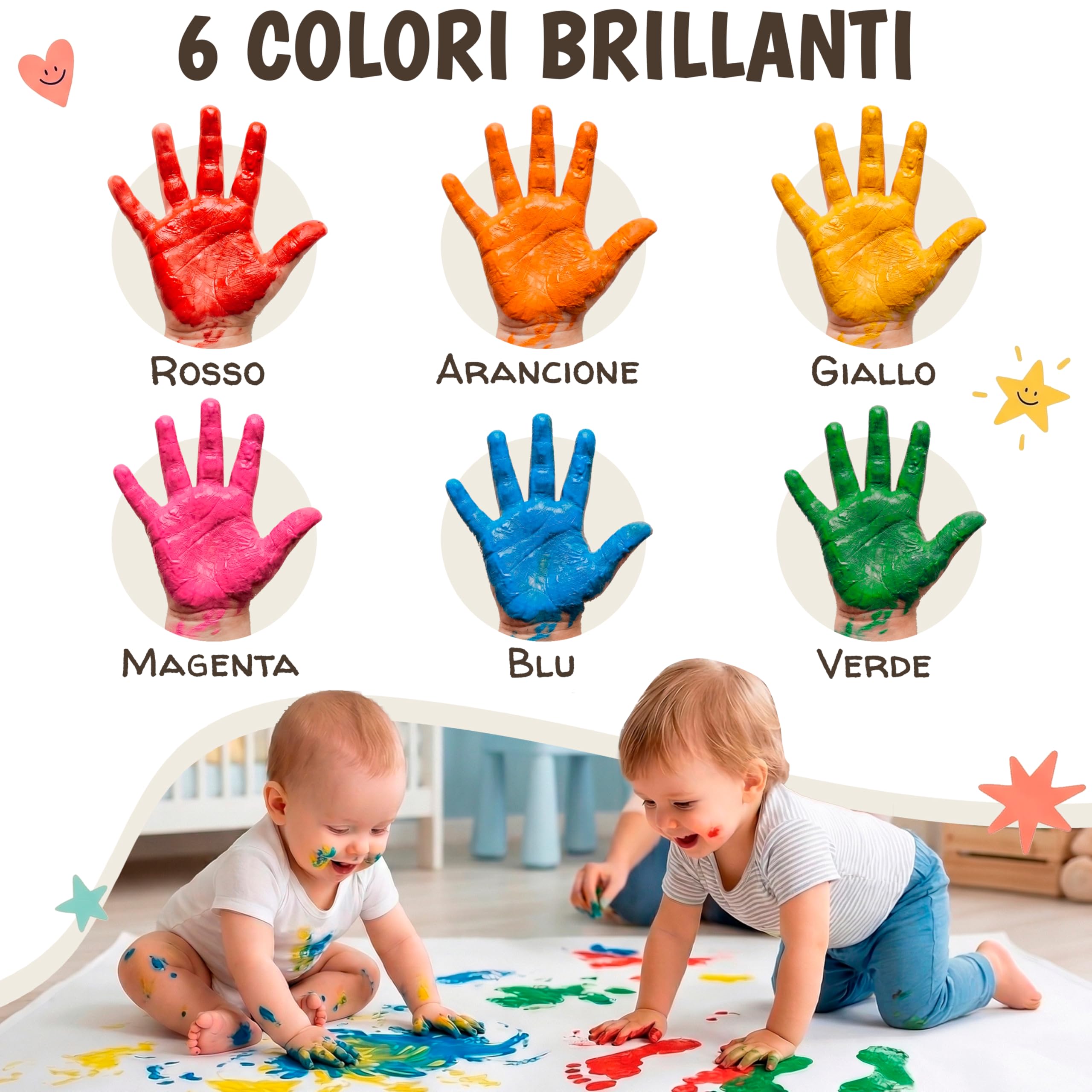 Colori a Dita per Bambini Atossici Lavabili 6x60ml – Set Pittura Bambina da 1 Anno | Pittura Dita, Mani, Piedi | Colori per Impronte Neonati | Tempere Lavabili per Bambini Multi Superficie