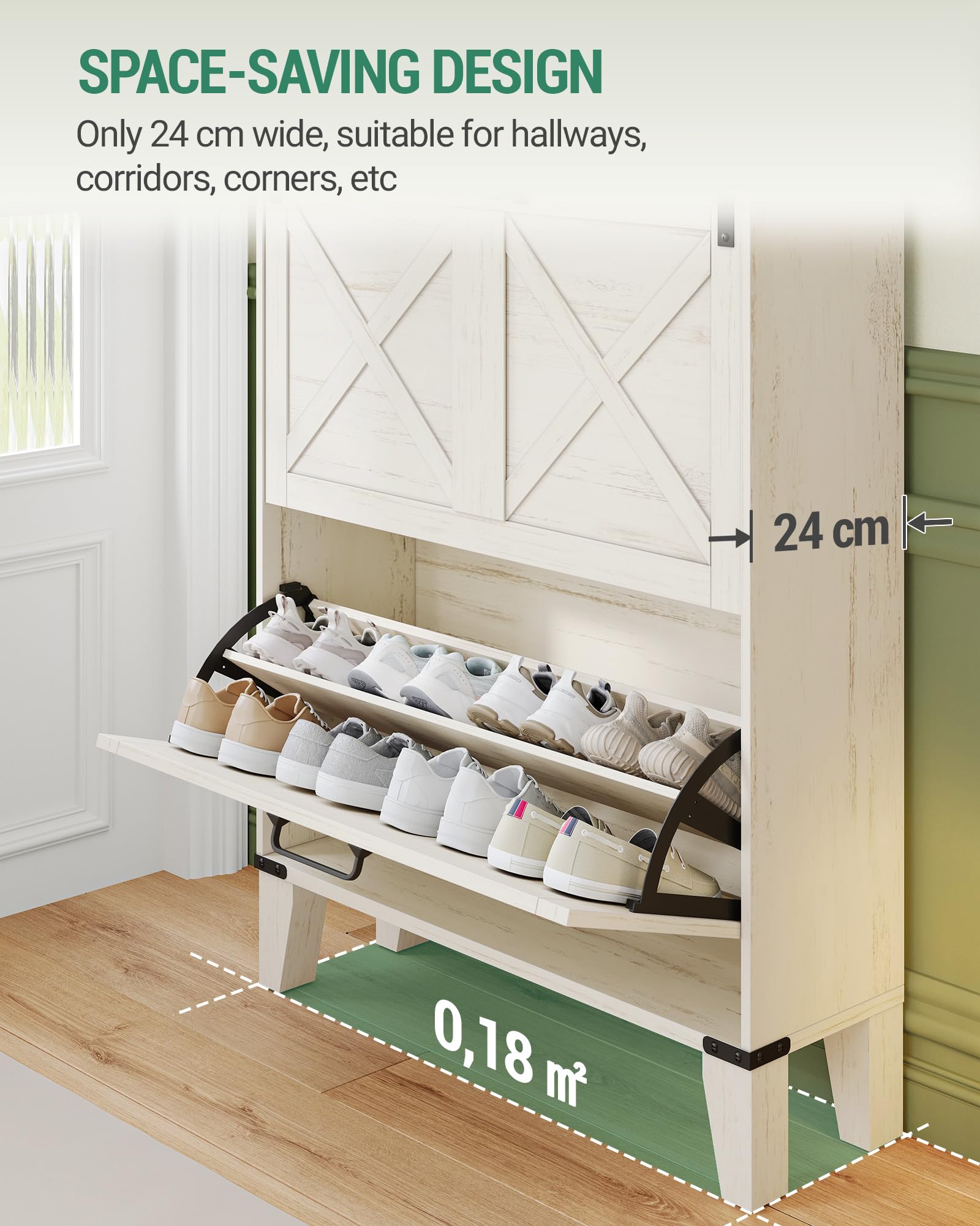 Hzuaneri Schuhschrank mit 2 Klappen, Schuhregal Schuhkipper Schmal, 1 Große Schublade, Verstellbar, 16 Paar, Schuhaufbewahrung für Eingang, Flur, Garderobe, 24 x 76 x 117 cm, Braun und Weiß SR59014X