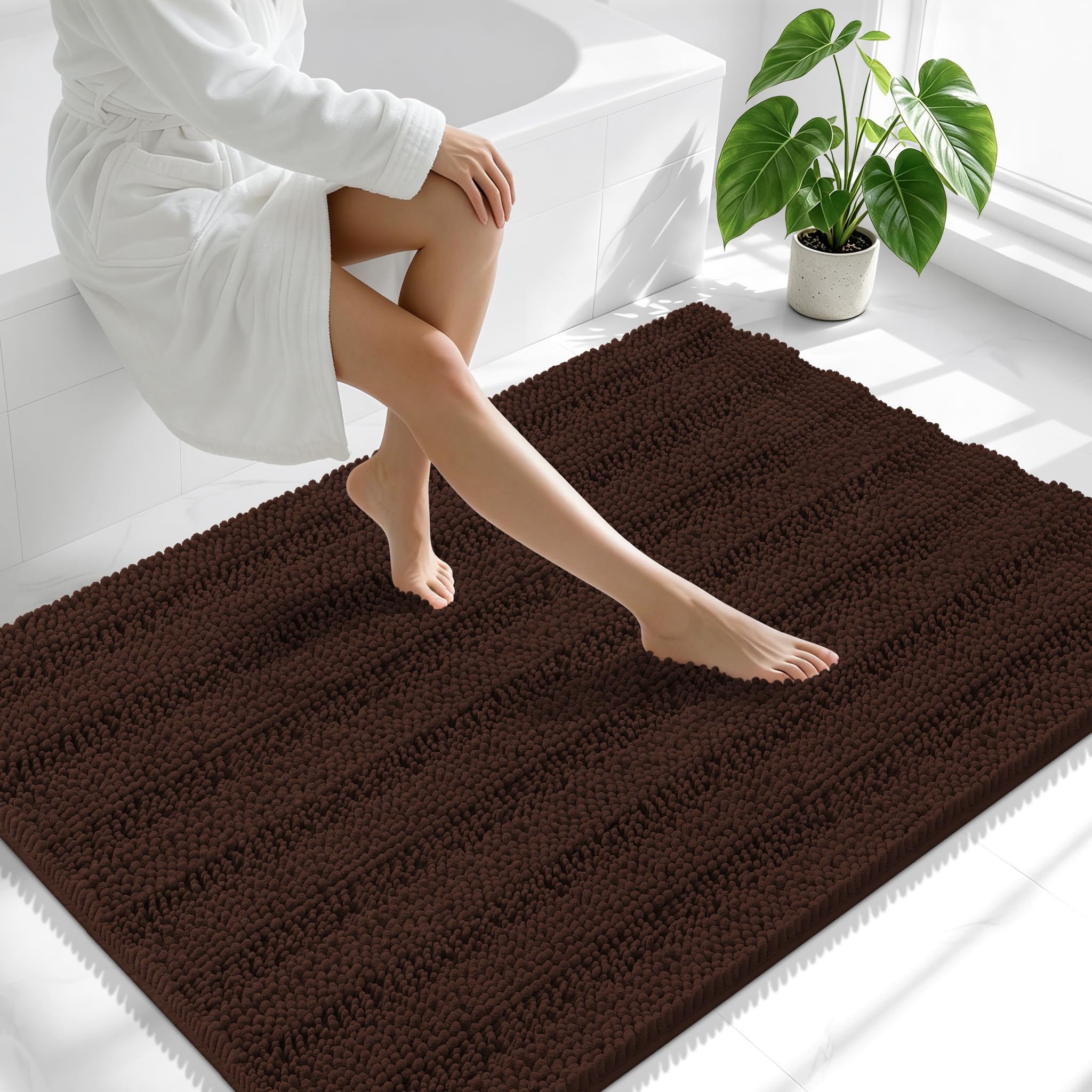 Smiry Thick Chenille Large Bathroom Runner Rugs 40x32, Soft Bath Mat, Brown